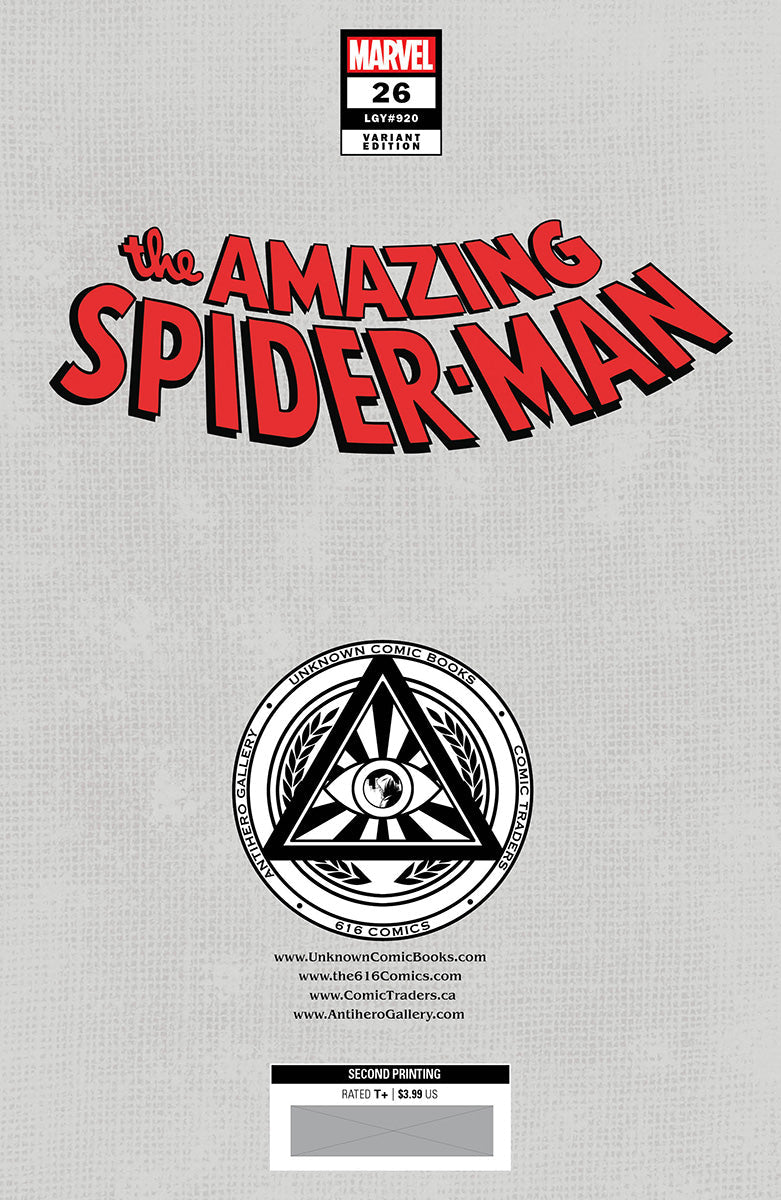 Amazing Spider-Man #26 2Nd Printing Unknown Comics Davide Paratore Exclusive Virgin Var (07/12/2023) - MEGA POP COMICS