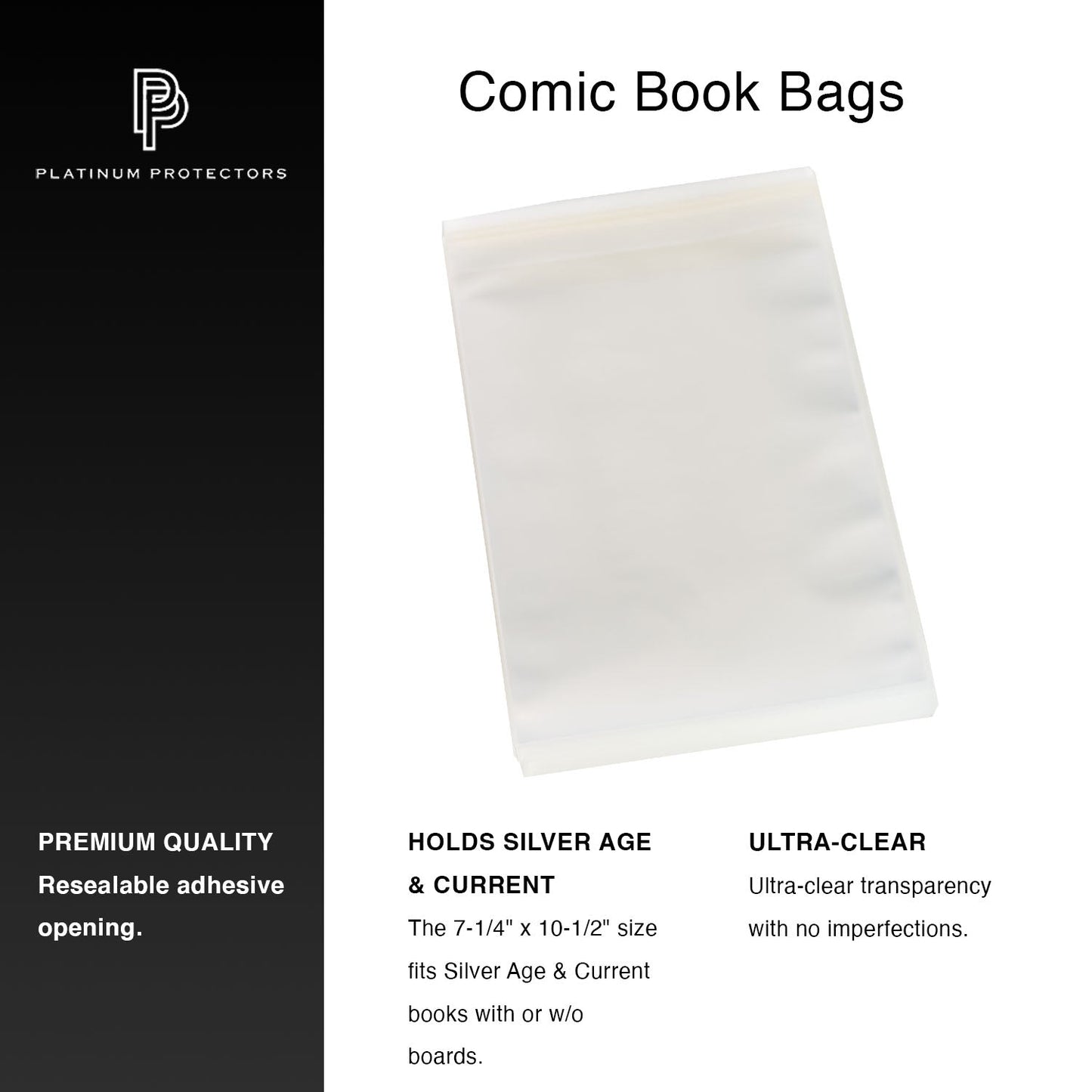 Platinum Protectors Comic Book Bags for Silver Age, Current/Modern with Resealable Strip - 100 Pack - MEGA POP COMICS