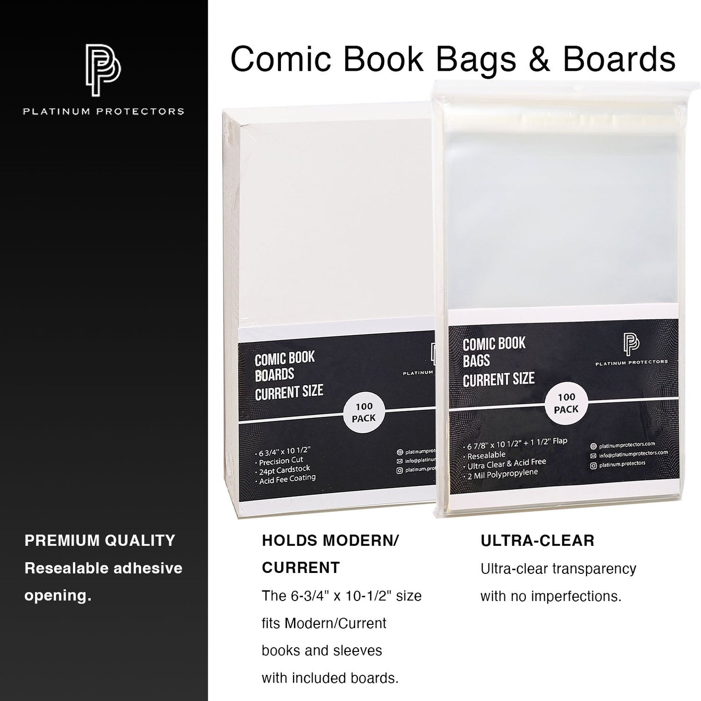 Platinum Protectors Comic Book Bags & Boards for Current/Modern with Resealable Strip - 100 Pack - MEGA POP COMICS