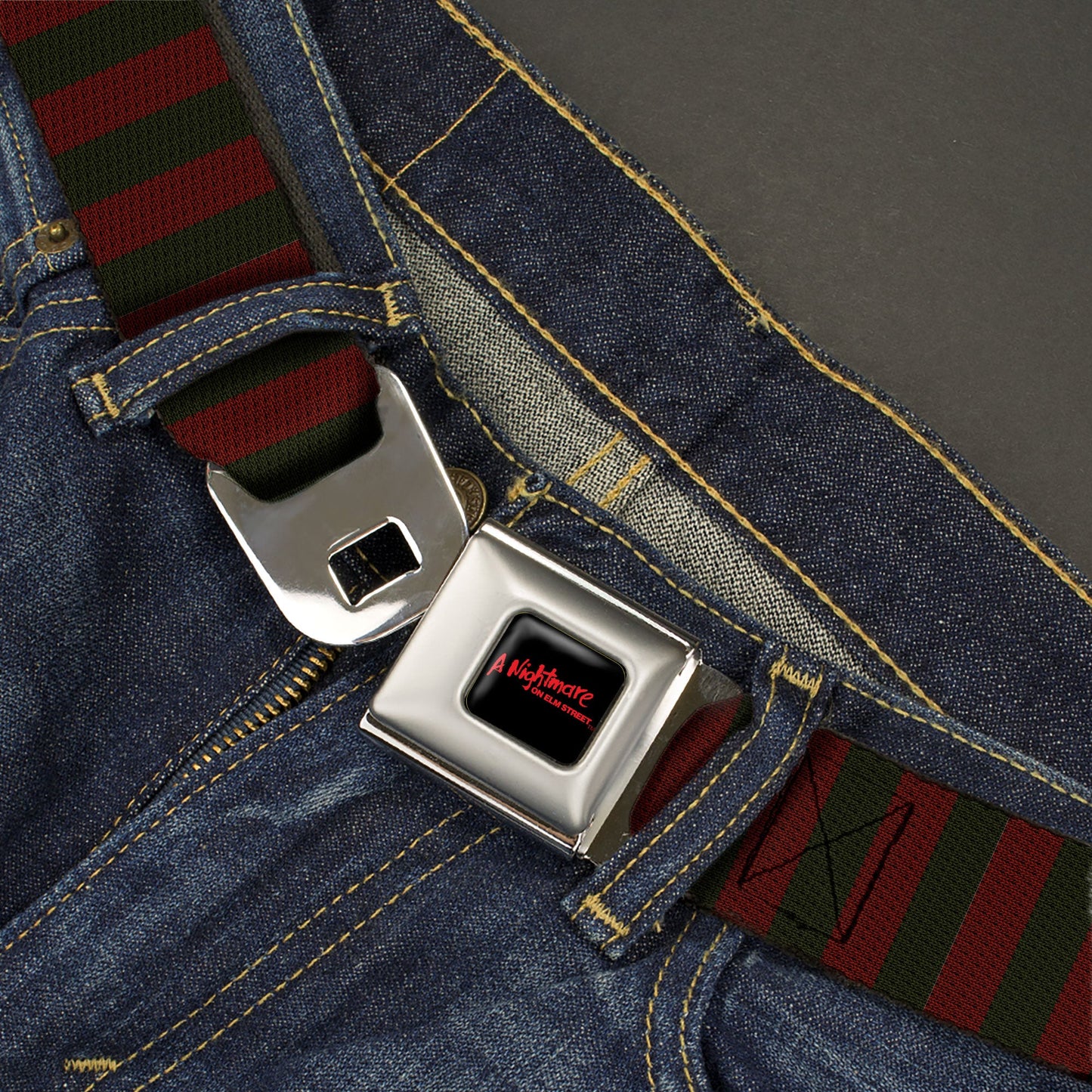 A NIGHTMARE ON ELM STREET Full Color Black/Blood Splatter Reds Seatbelt Belt - A Nightmare on Elm Street Freddy Krueger Sweater Stripe Reds/Greens Webbing - MEGA POP COMICS