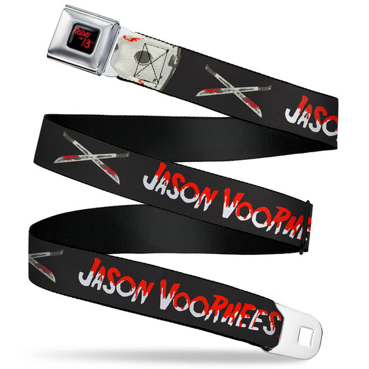 FRIDAY THE 13TH Title Logo Full Color Black/Red Seatbelt Belt - Friday the 13th JASON VOORHEES Script and Hockey Mask Black Webbing - MEGA POP COMICS