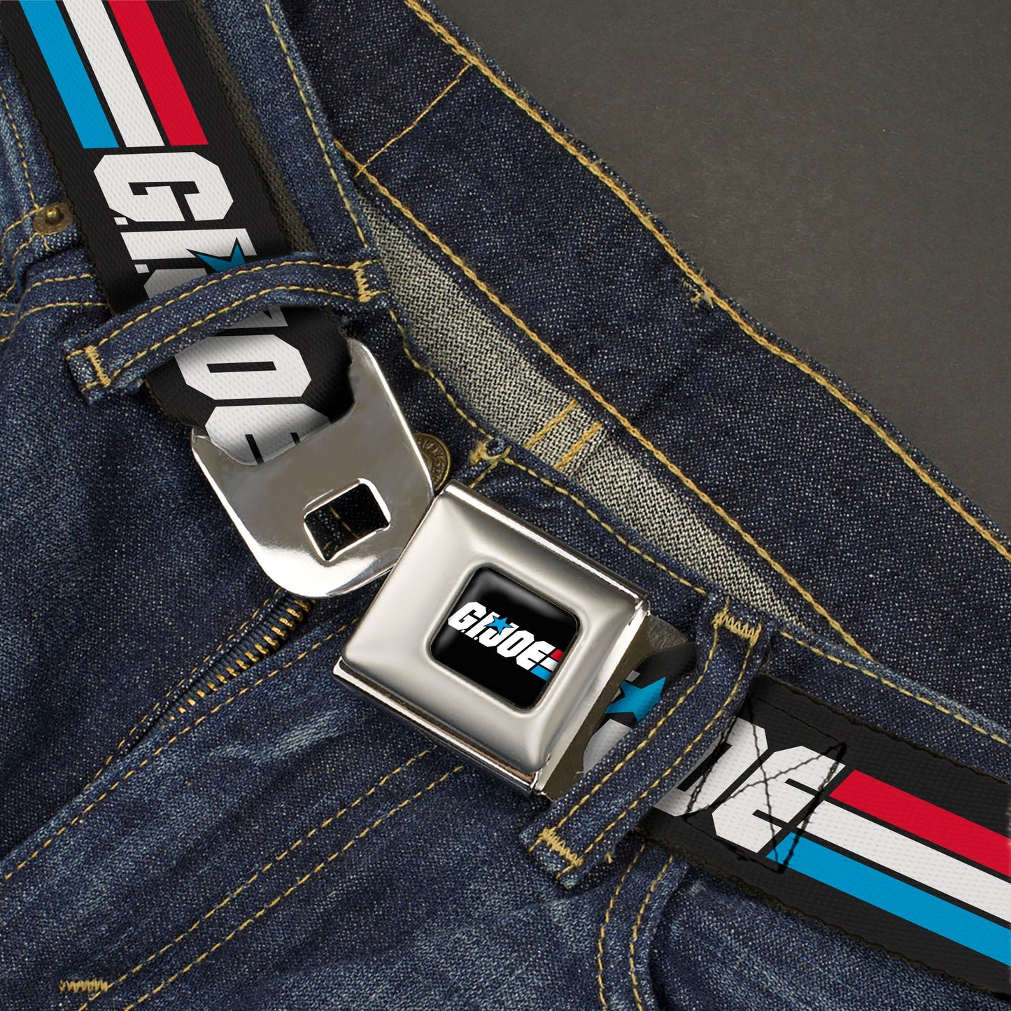 GI JOE Title Logo Stripe Full Color Black/Red/White/Blue Seatbelt Belt - GI JOE Title Logo Stripe Black/Red/White/Blue Webbing - MEGA POP COMICS