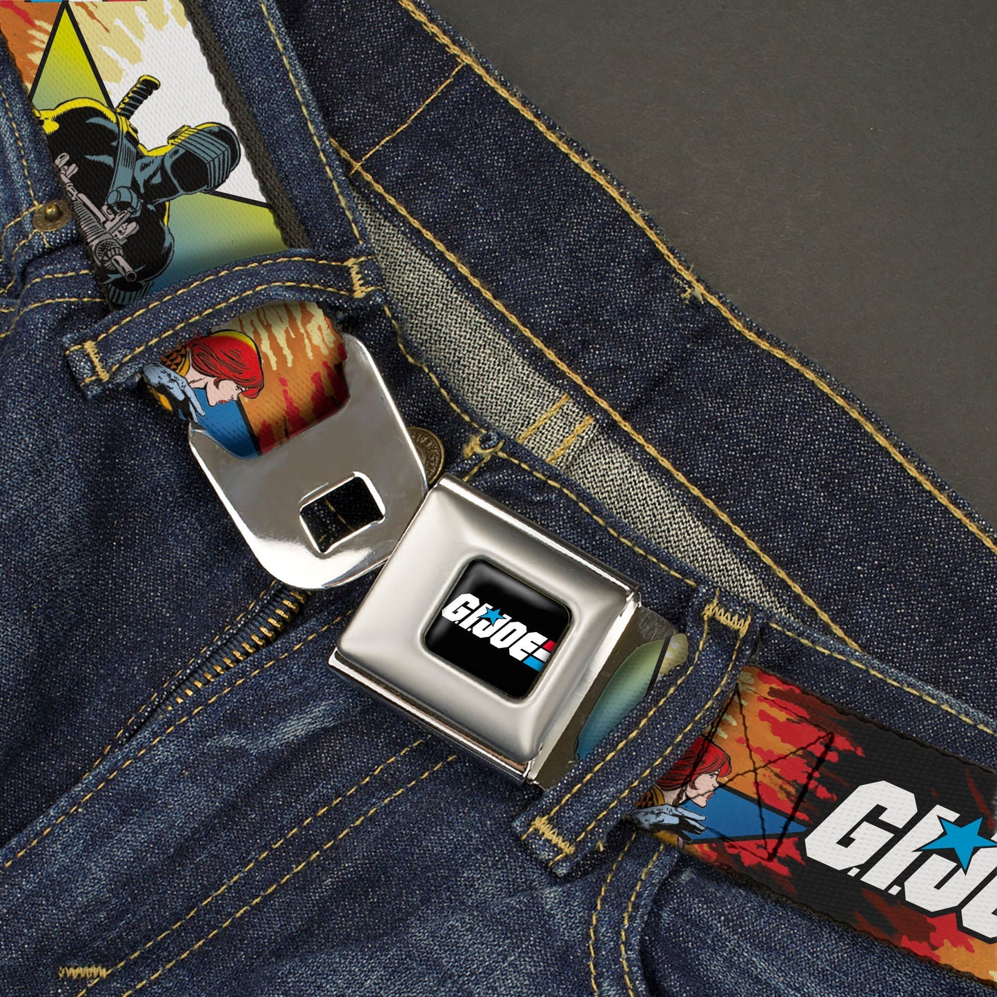 GI JOE Title Logo Stripe Full Color Black/Red/White/Blue Seatbelt Belt - GI JOE Storm Shadow Snake Eyes and Scarlett Comic Cover Poses Explosion Webbing - MEGA POP COMICS