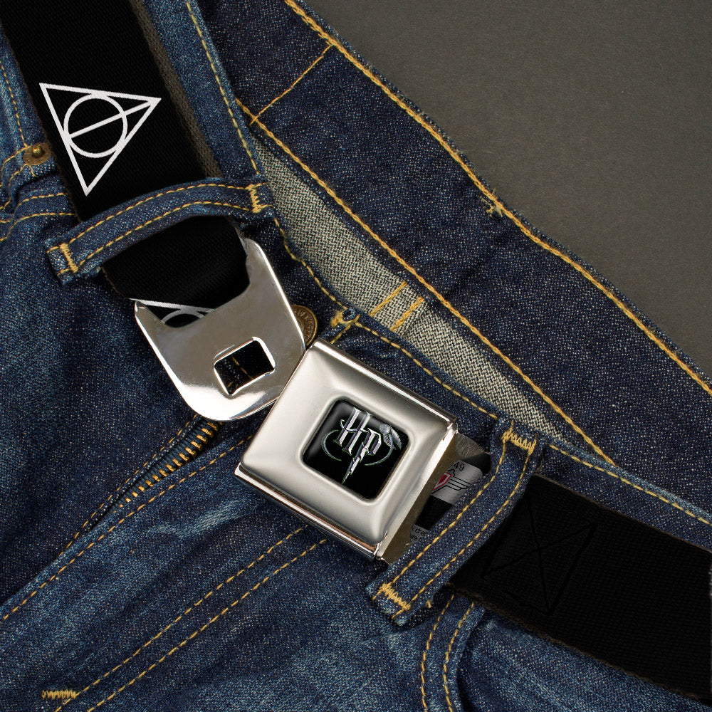 Harry Potter Logo Full Color Black/White Seatbelt Belt - Deathly Hallows Symbol Black/White Webbing - MEGA POP COMICS