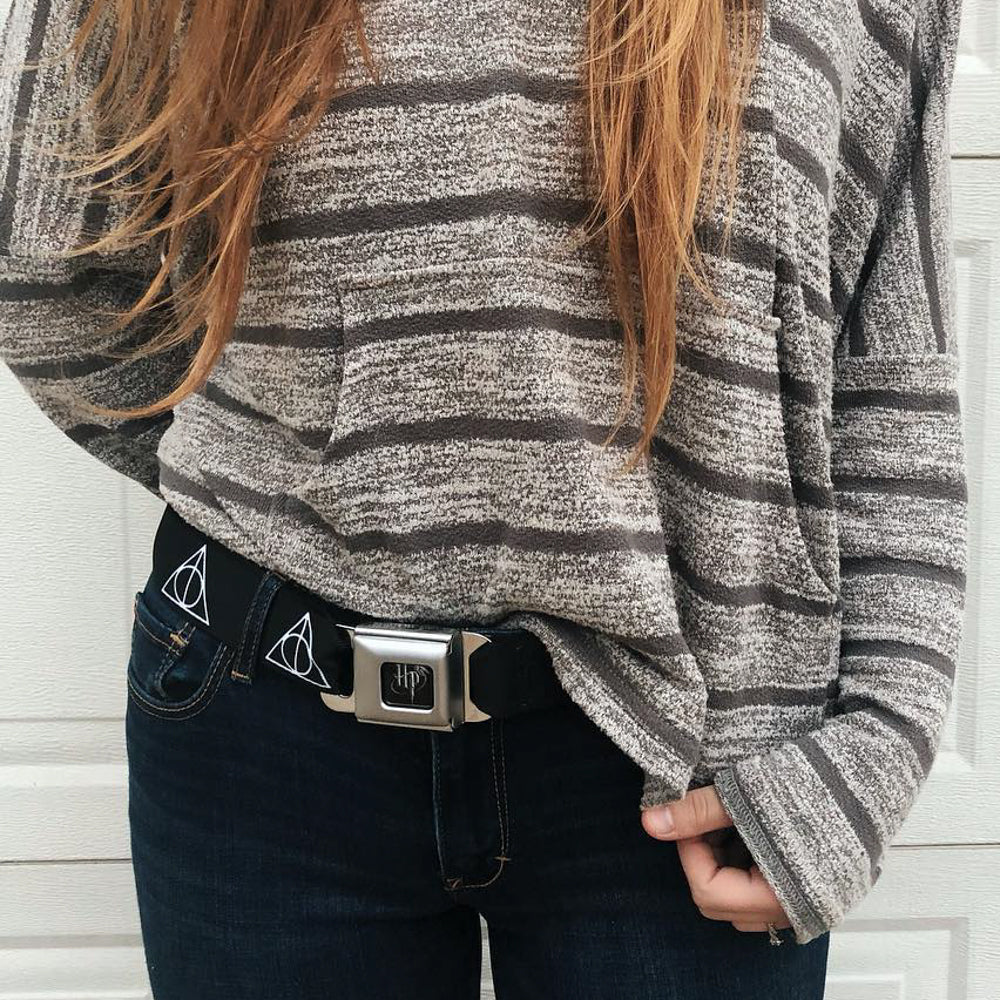Harry Potter Logo Full Color Black/White Seatbelt Belt - Deathly Hallows Symbol Black/White Webbing - MEGA POP COMICS