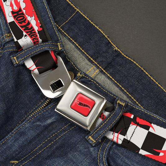 HOT WHEELS Classic Flame Logo Full Color Red/White/Black Seatbelt Belt - HOT WHEELS Logo and Tire Burn Out Checker Black/White Webbing - MEGA POP COMICS