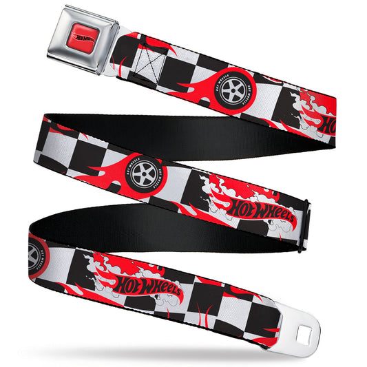 HOT WHEELS Classic Flame Logo Full Color Red/White/Black Seatbelt Belt - HOT WHEELS Logo and Tire Burn Out Checker Black/White Webbing - MEGA POP COMICS