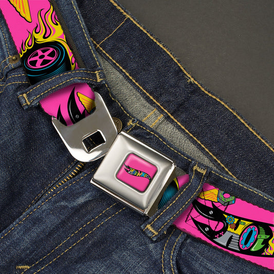 HOT WHEELS Classic Flame Logo Full Color Pink/Black/Multi Color Seatbelt Belt - HOT WHEELS Logo and Parts Collage Pink/Black/Multi Color Webbing - MEGA POP COMICS