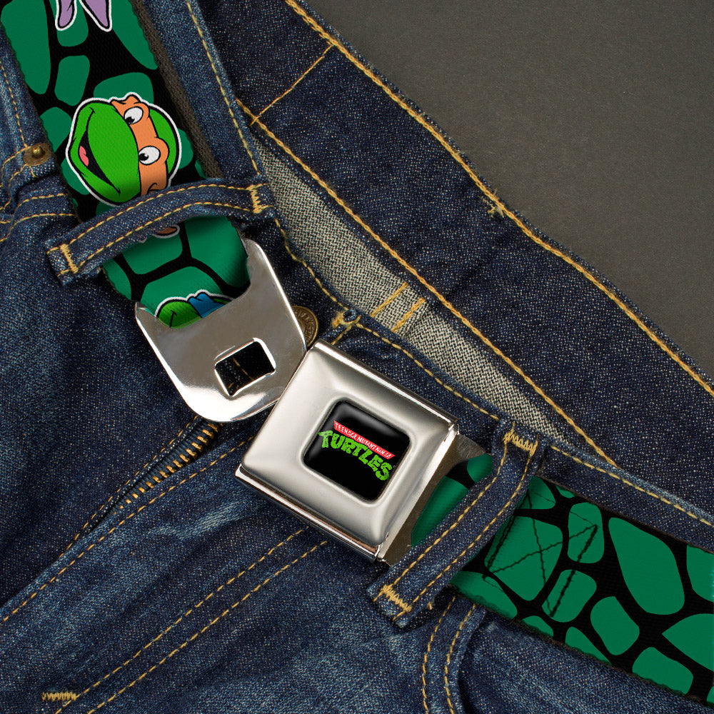 Classic TMNT Logo Full Color Seatbelt Belt - Classic TEENAGE MUTANT NINJA TURTLES Turtle Faces Black/Green Turtle Shell Webbing - MEGA POP COMICS