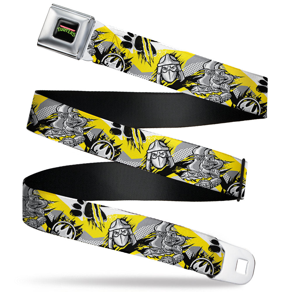 Classic TMNT Logo Full Color Seatbelt Belt - Teenage Mutant Ninja Turtles Shredder Pose and Icons Grays/Yellow Webbing - MEGA POP COMICS