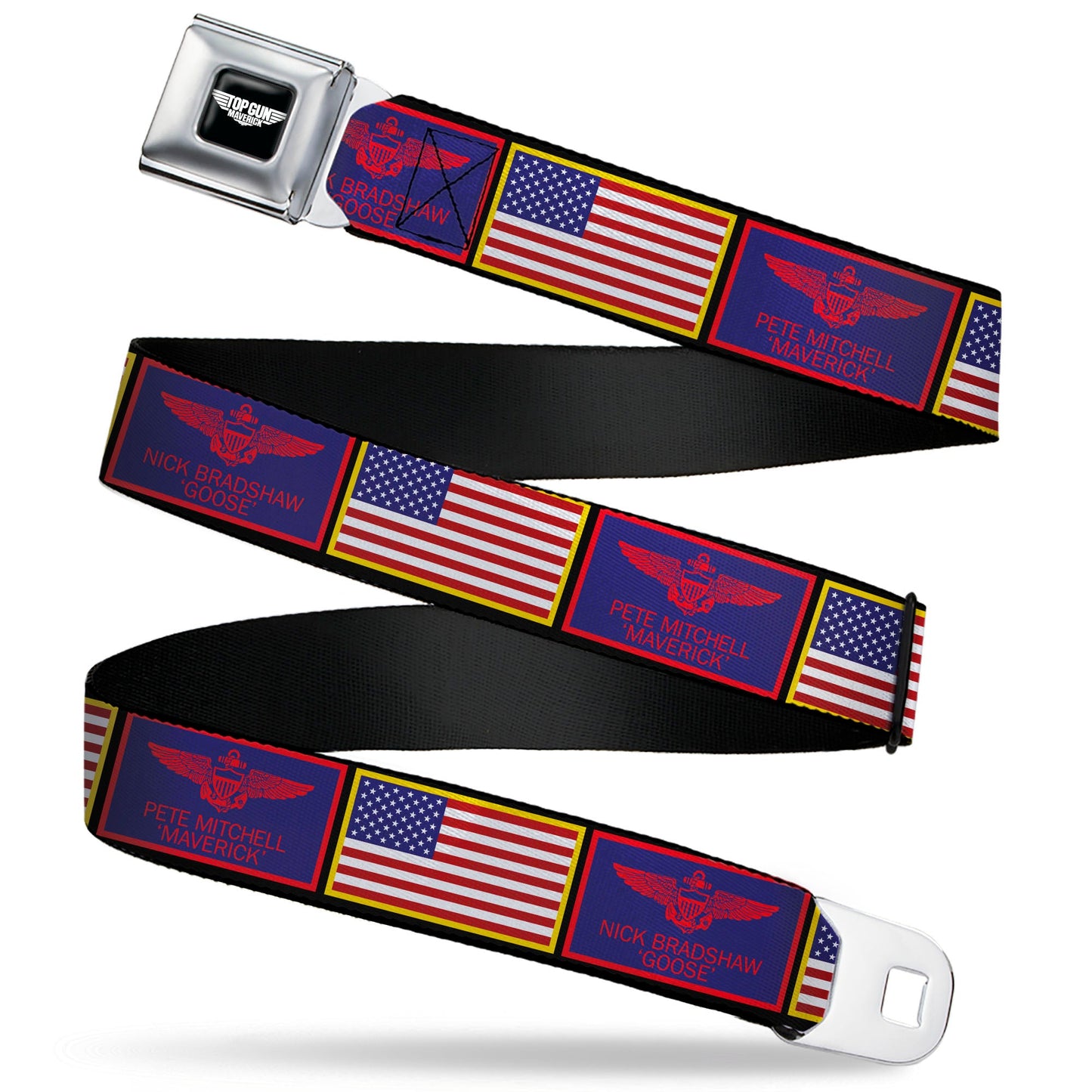TOP GUN Title Logo Full Color Black/White Seatbelt Belt - Top Gun Maverick Goose and American Flag Patch Blocks Black Webbing - MEGA POP COMICS