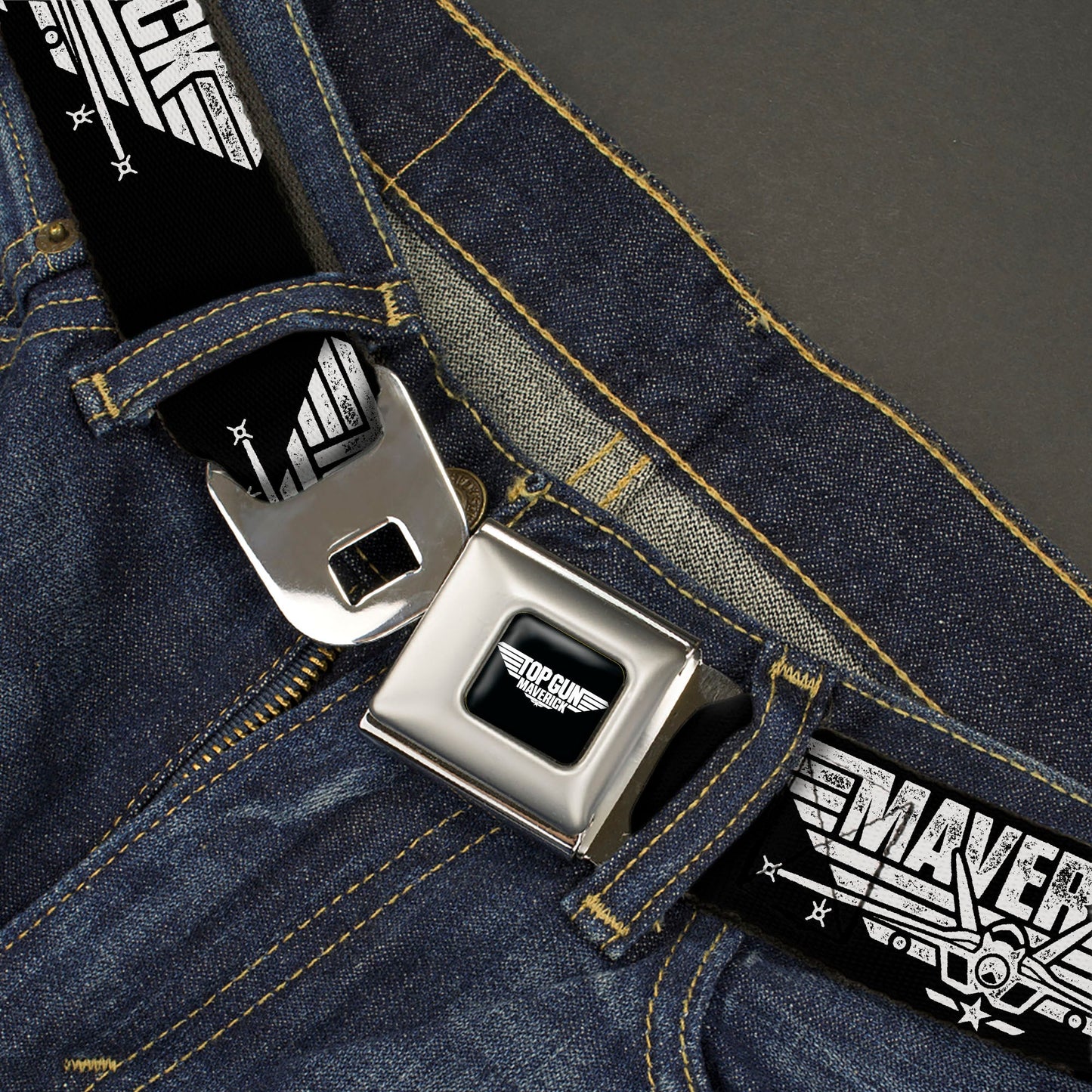 TOP GUN Title Logo Full Color Black/White Seatbelt Belt - TOP GUN MAVERICK Fighter Jet Logo Weathered Black/White Webbing - MEGA POP COMICS