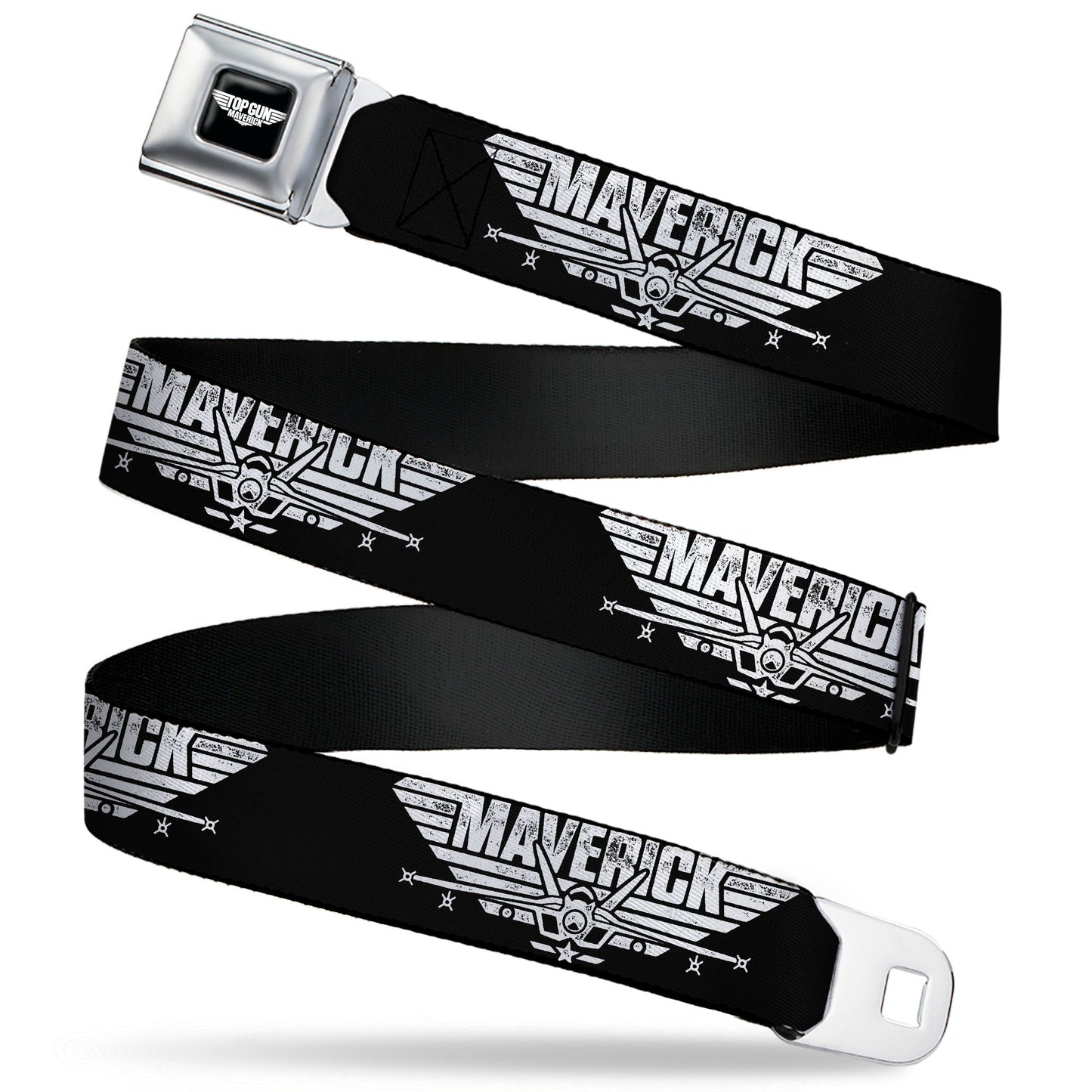 TOP GUN Title Logo Full Color Black/White Seatbelt Belt - TOP GUN MAVERICK Fighter Jet Logo Weathered Black/White Webbing - MEGA POP COMICS