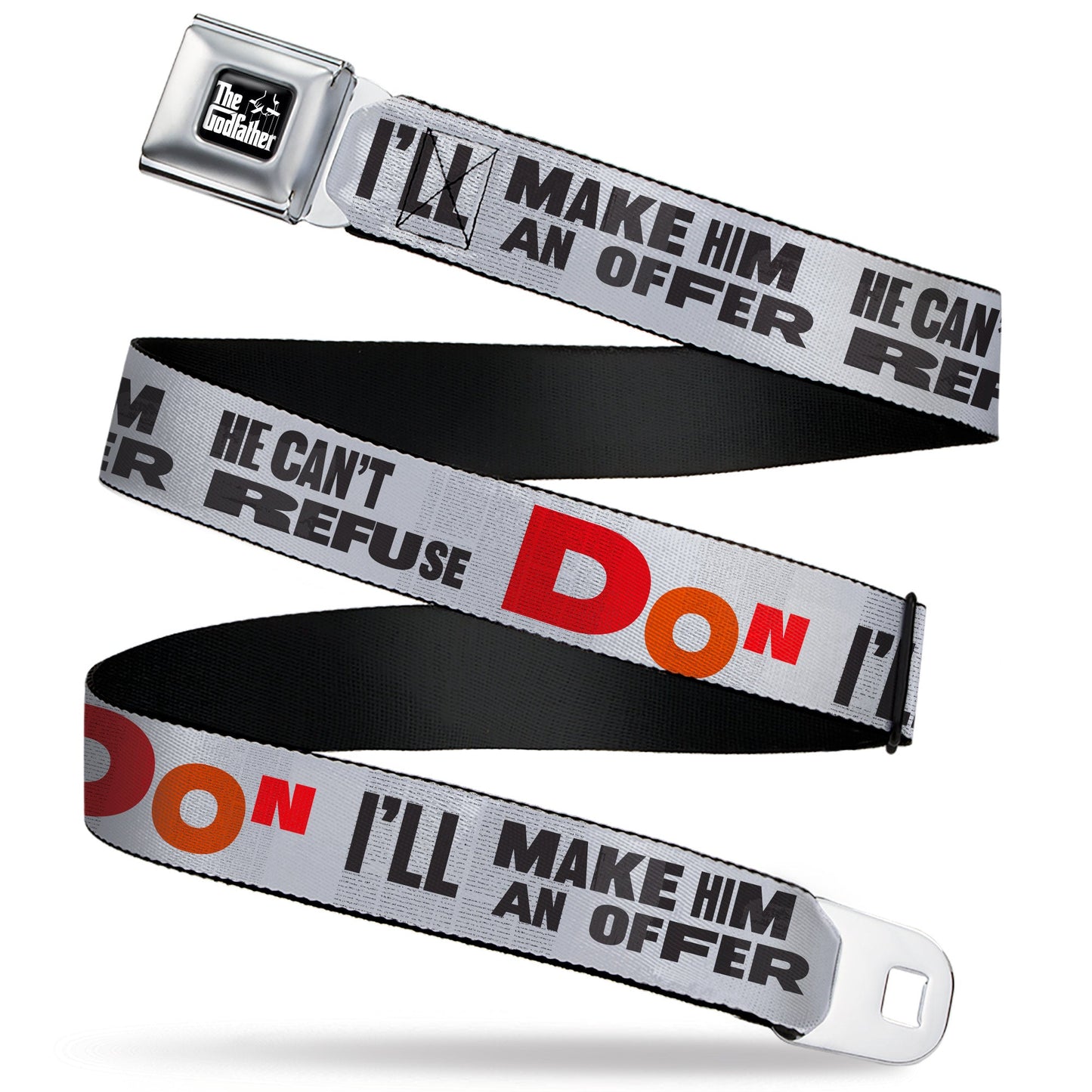 THE GODFATHER Title Logo Full Color Black/White Seatbelt Belt - The Godfather Quote I'LL MAKE HIM AN OFFER HE CAN'T REFUSE Grays/Red Webbing - MEGA POP COMICS