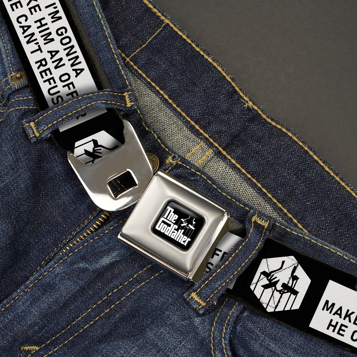 THE GODFATHER Title Logo Full Color Black/White Seatbelt Belt - The Godfather Quote I'M GONNA MAKE HIM AN OFFER HE CAN'T REFUSE Black/White Webbing - MEGA POP COMICS