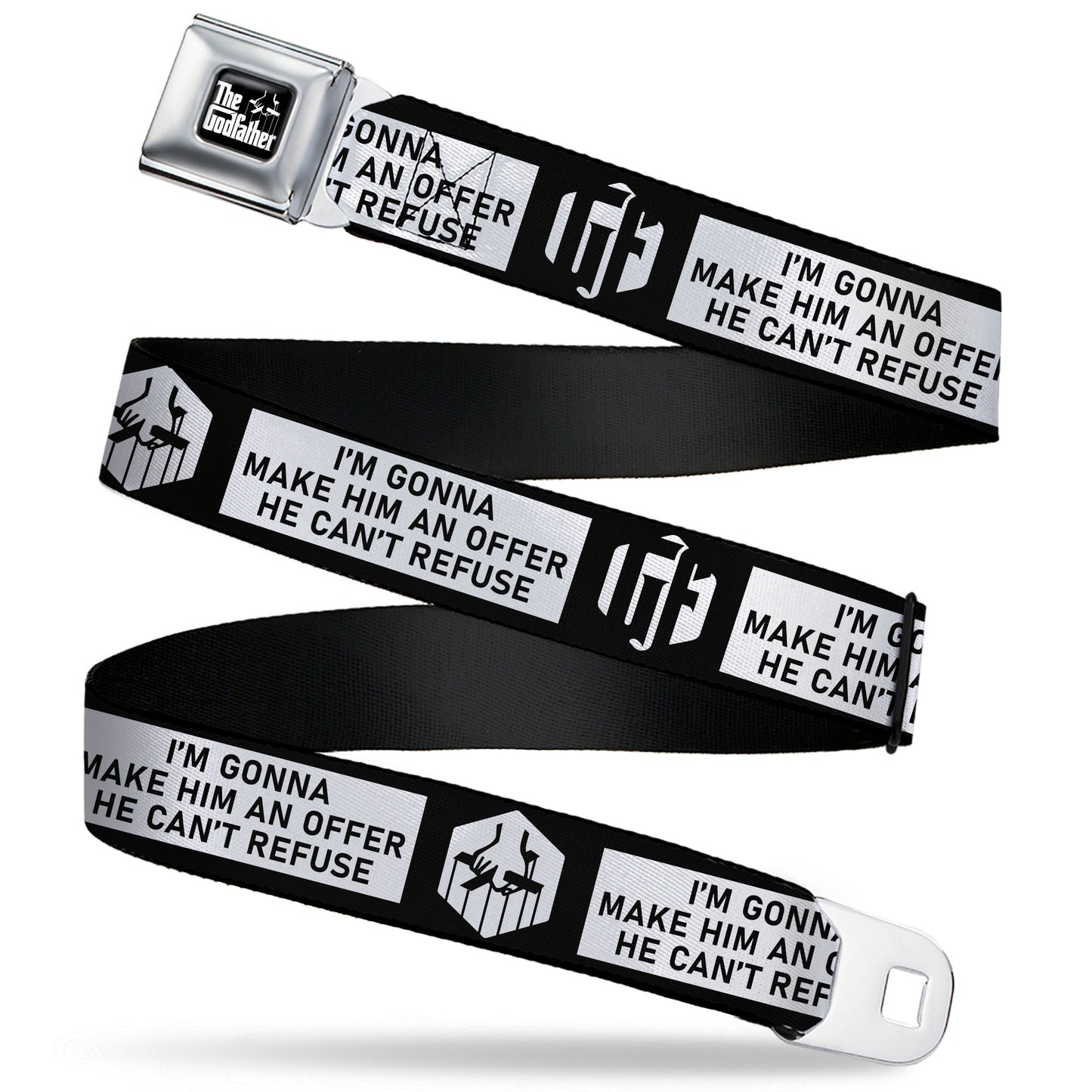 THE GODFATHER Title Logo Full Color Black/White Seatbelt Belt - The Godfather Quote I'M GONNA MAKE HIM AN OFFER HE CAN'T REFUSE Black/White Webbing - MEGA POP COMICS