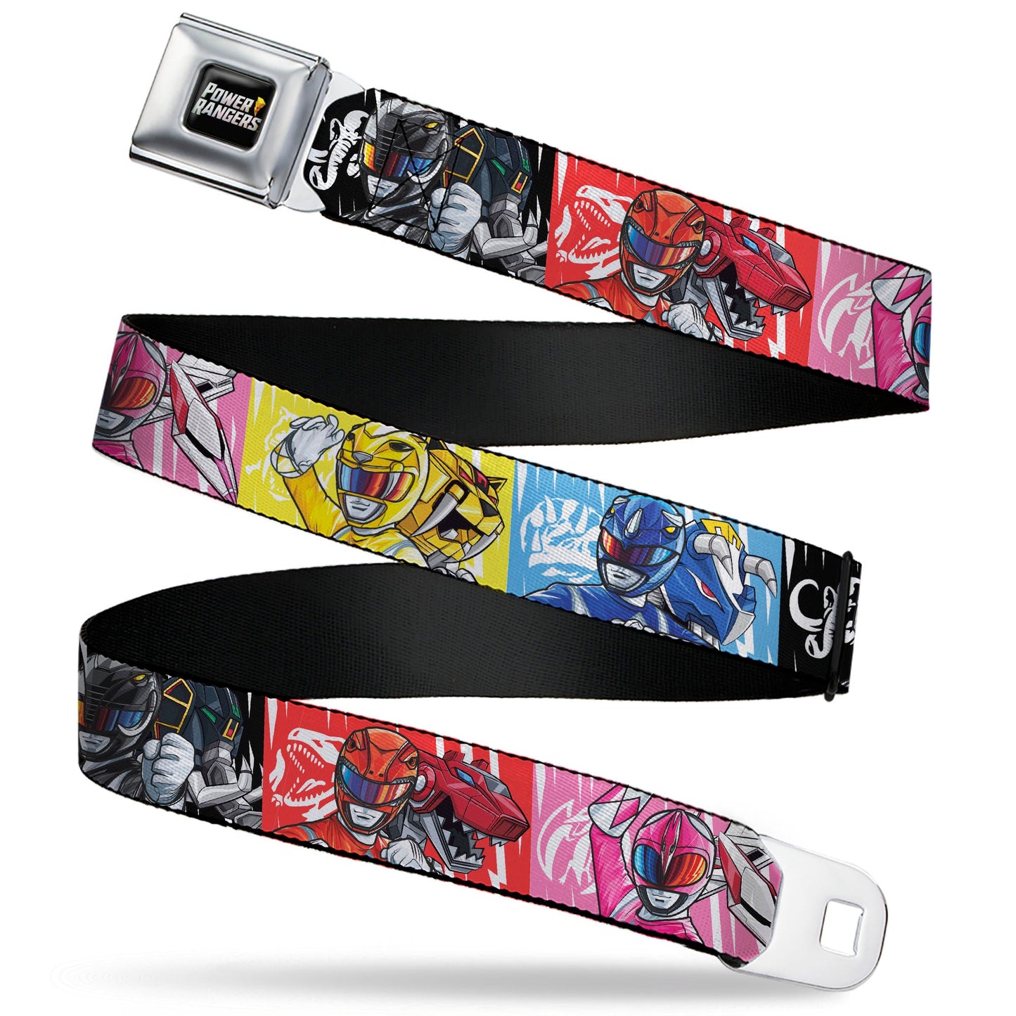 POWER RANGERS Bolt Logo Full Color Black/Gray/Yellows Seatbelt Belt - Power Rangers Pose with Zord and Icon Blocks Multi Color Webbing - MEGA POP COMICS