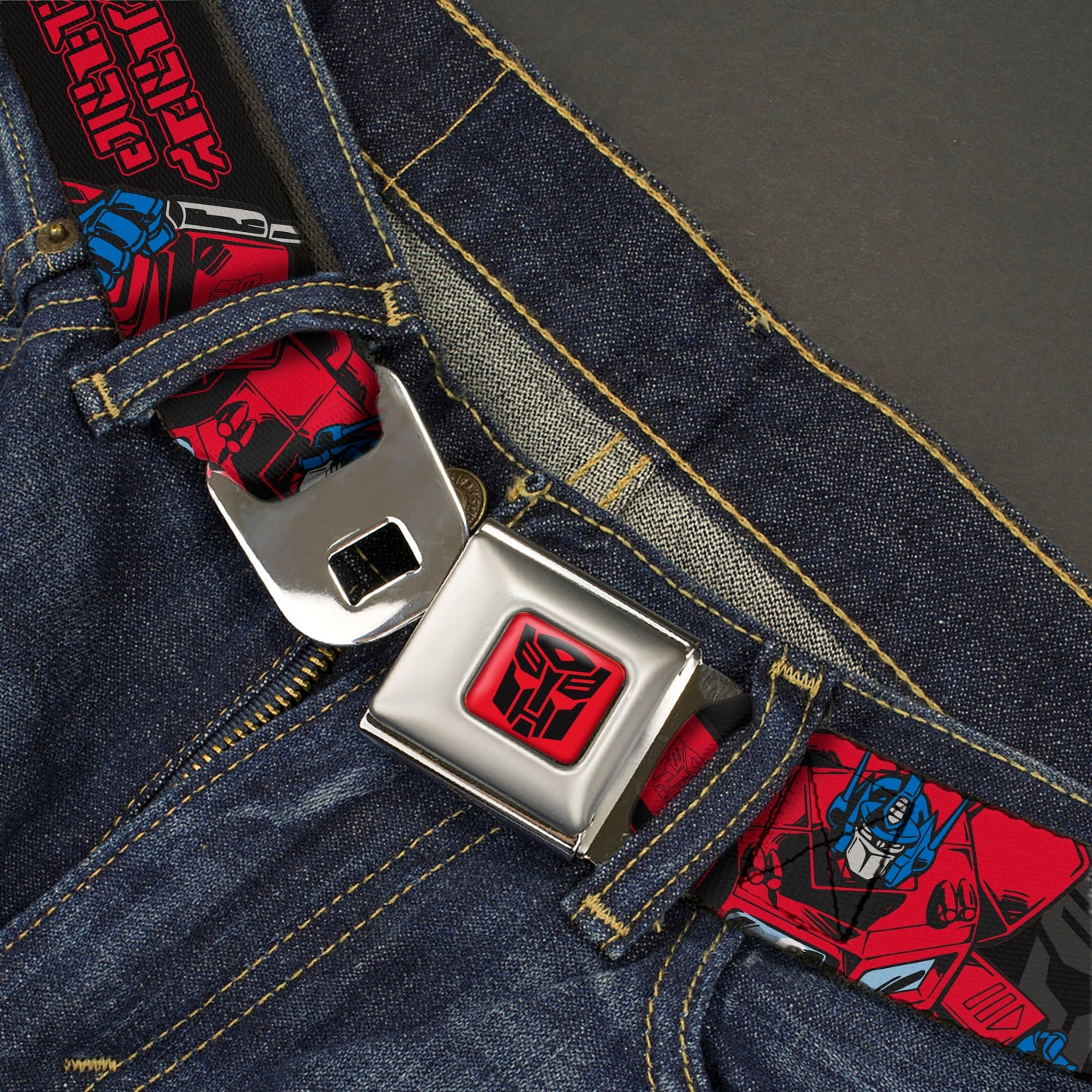 Transformers Autobots Icon Full Color Red/Black Seatbelt Belt - Transformers Generations Optimus Prime Pose and Autobot Icon Black/Gray/Red Webbing - MEGA POP COMICS