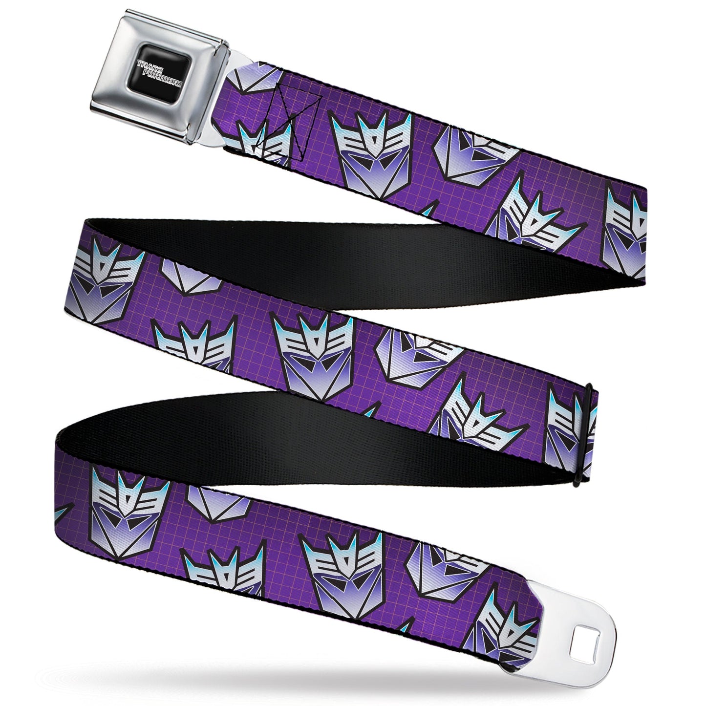 TRANSFORMERS Title Logo Full Color Black/White Seatbelt Belt - Transformers Decepticons Icon Scattered Grids Purples Webbing - MEGA POP COMICS