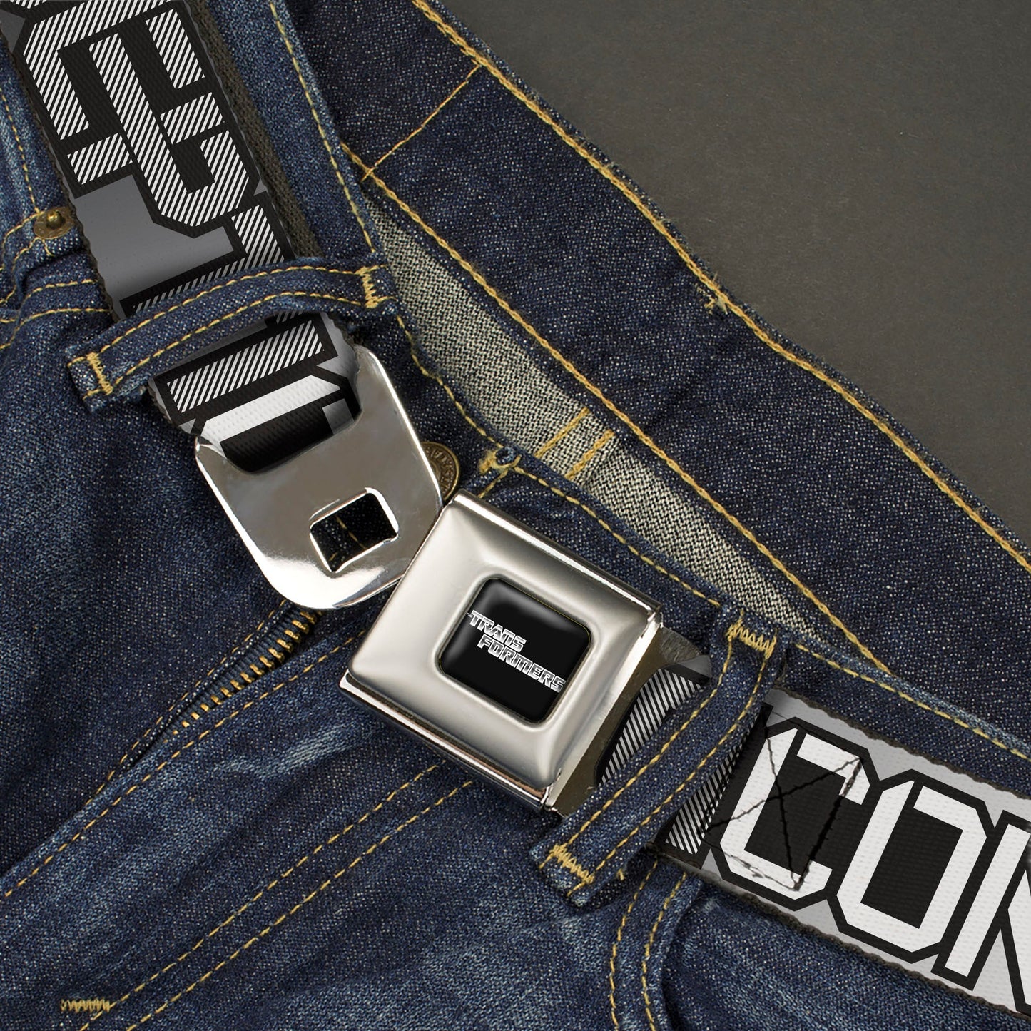 TRANSFORMERS Title Logo Full Color Black/White Seatbelt Belt - Transformers AUTOBOTS DECEPTICONS Shield and Text Grays/Black/White Webbing - MEGA POP COMICS