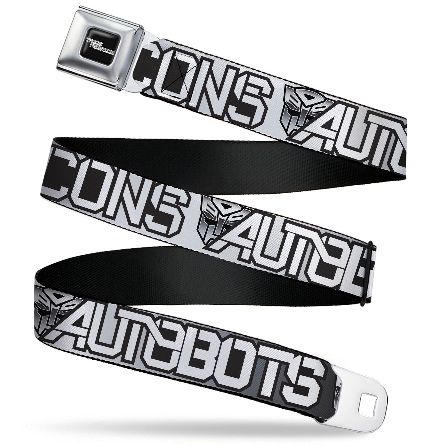 TRANSFORMERS Title Logo Full Color Black/White Seatbelt Belt - Transformers AUTOBOTS DECEPTICONS Shield and Text Grays/Black/White Webbing - MEGA POP COMICS