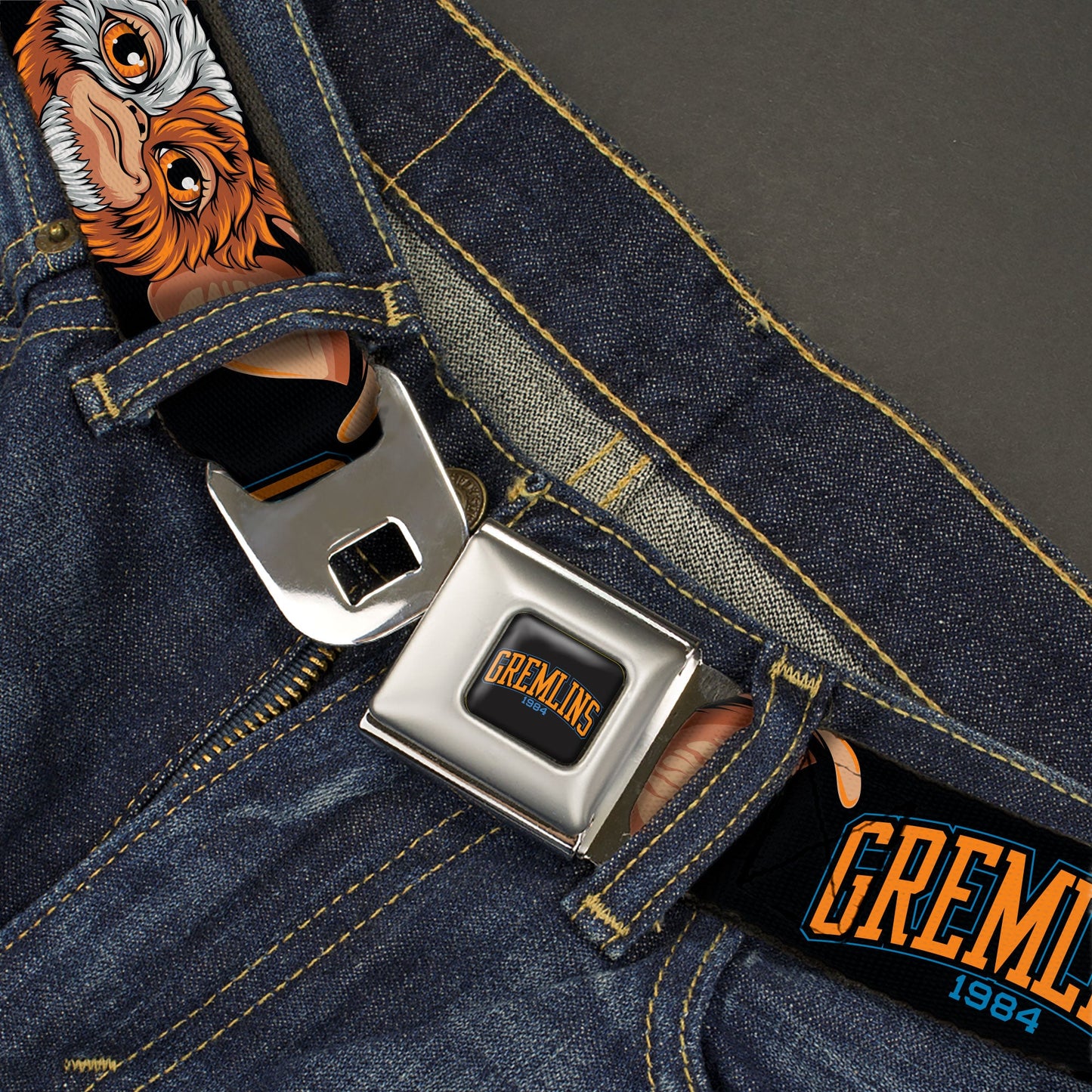 GREMLINS 1984 Title Logo Full Color Black/Blue/Orange Seatbelt Belt - GREMLINS 1984 Gizmo Face Close-Up Black Webbing - MEGA POP COMICS
