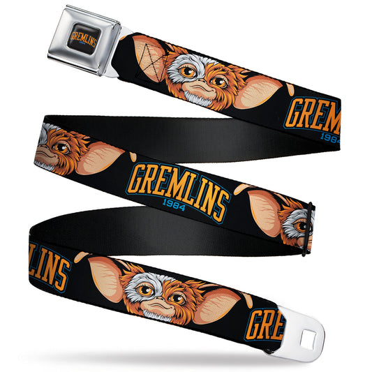 GREMLINS 1984 Title Logo Full Color Black/Blue/Orange Seatbelt Belt - GREMLINS 1984 Gizmo Face Close-Up Black Webbing - MEGA POP COMICS