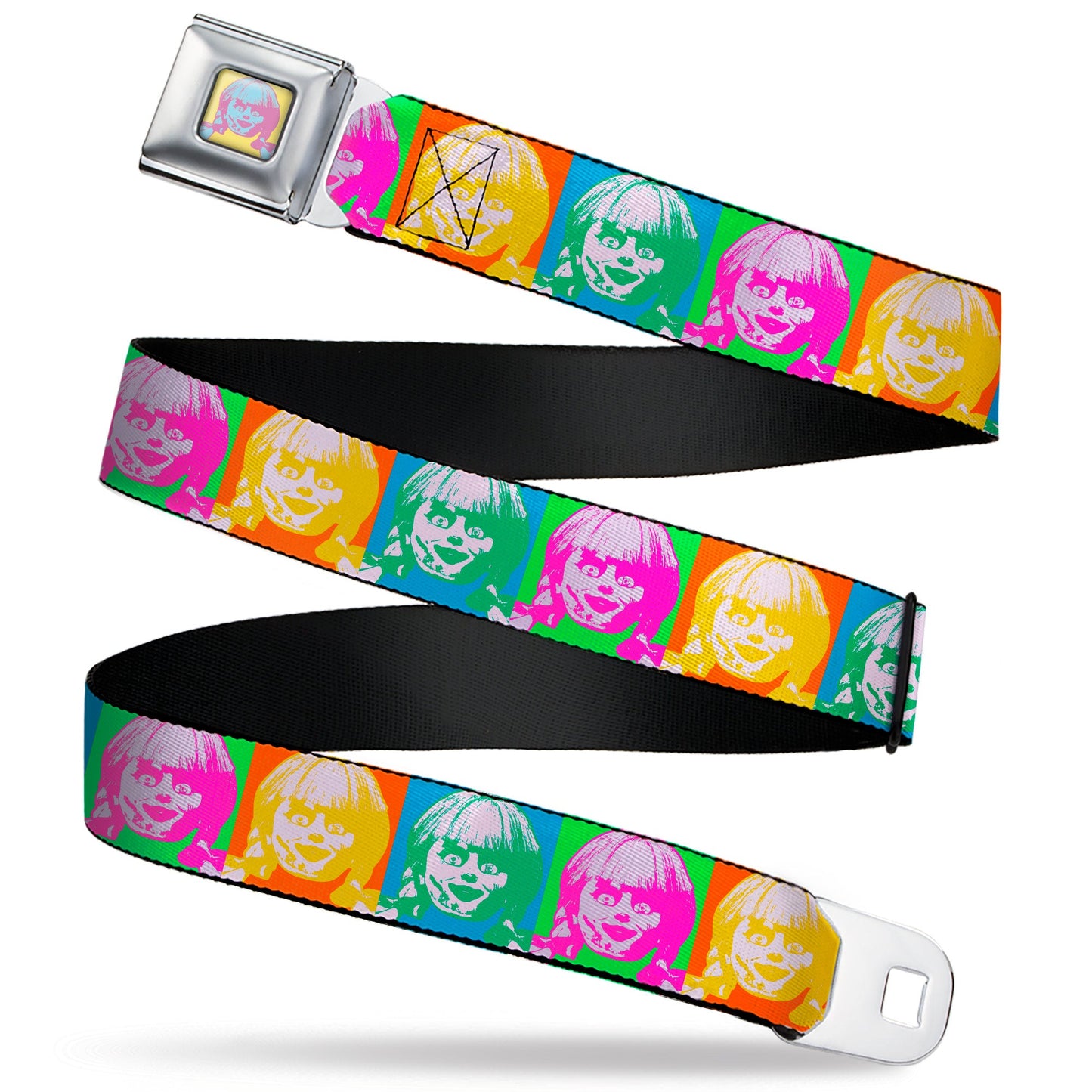 Annabelle Pop Art Face Full Color Yellow/Pink/Blue Seatbelt Belt - Annabelle Doll Face Pop Art Color Block Multi Color Webbing - MEGA POP COMICS