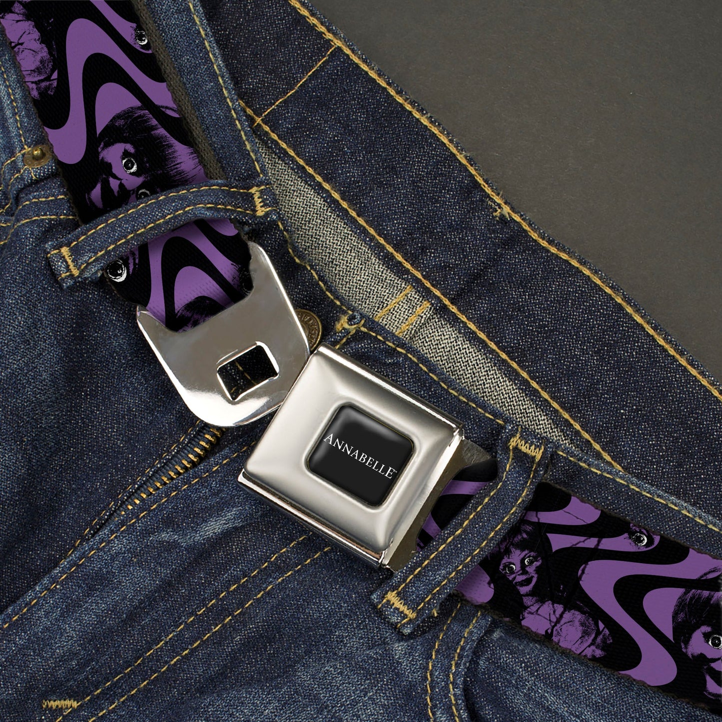 ANNABELLE Title Logo Full Color Black/White Seatbelt Belt - Annabelle Face and Eyeballs Squiggle Black/Purple Webbing - MEGA POP COMICS
