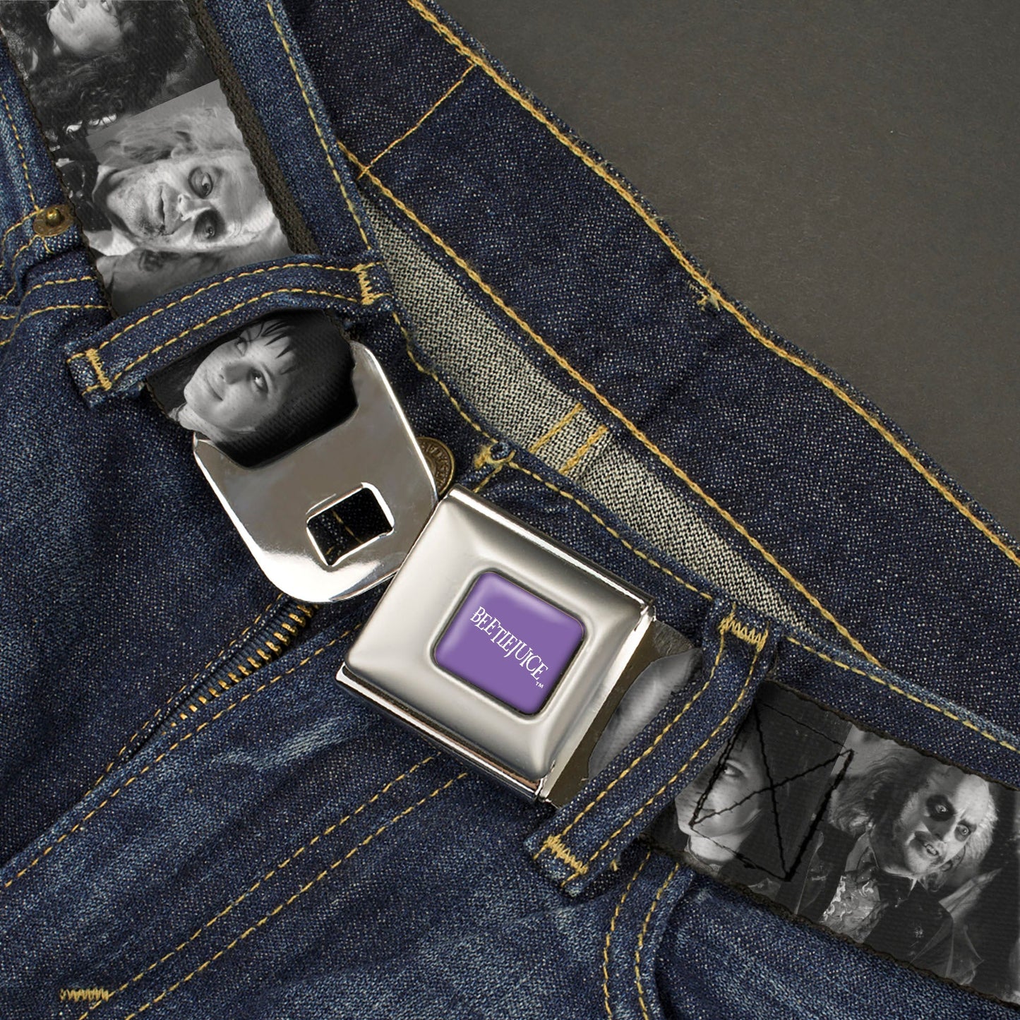BEETLEJUICE Text Logo Full Color Purple/White Seatbelt Belt - Beetlejuice Character Face Blocks Black/White Webbing - MEGA POP COMICS