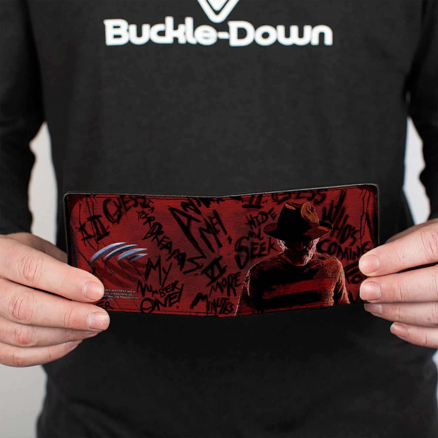 Bi-Fold Wallet - Freddy Pose2 + Hand Scratching Quote Scrawls Reds Black - MEGA POP COMICS