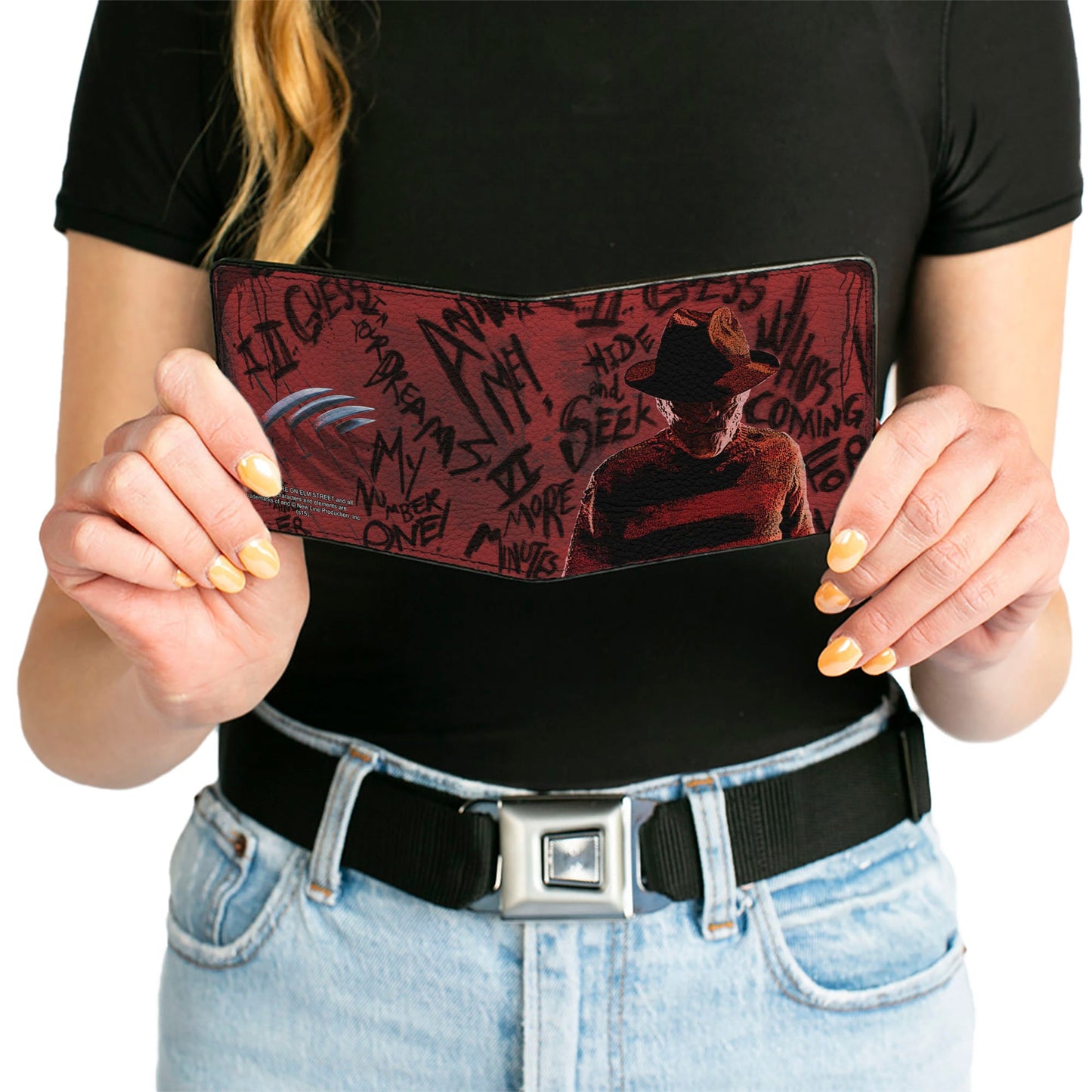 Bi-Fold Wallet - Freddy Pose2 + Hand Scratching Quote Scrawls Reds Black - MEGA POP COMICS