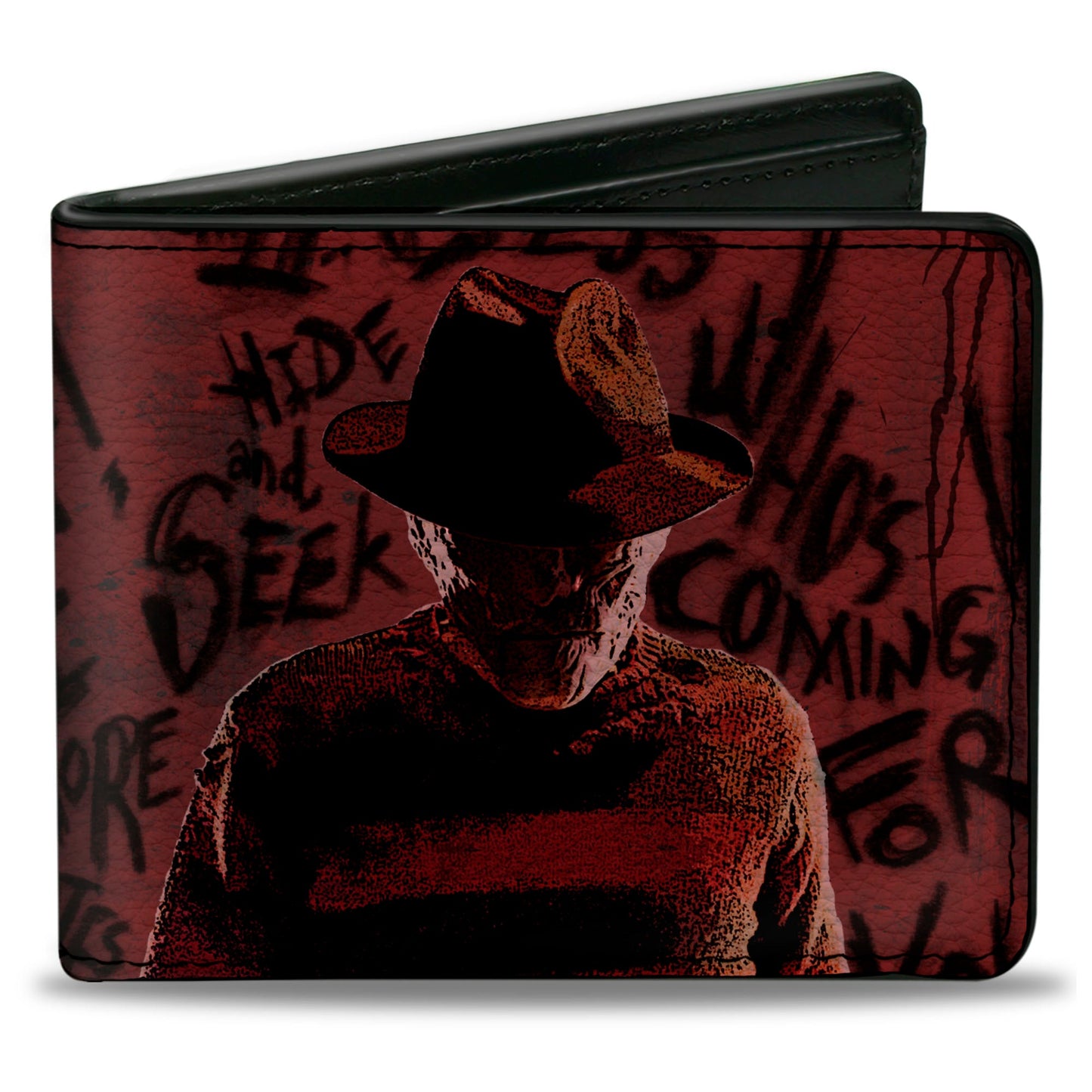 Bi-Fold Wallet - Freddy Pose2 + Hand Scratching Quote Scrawls Reds Black - MEGA POP COMICS