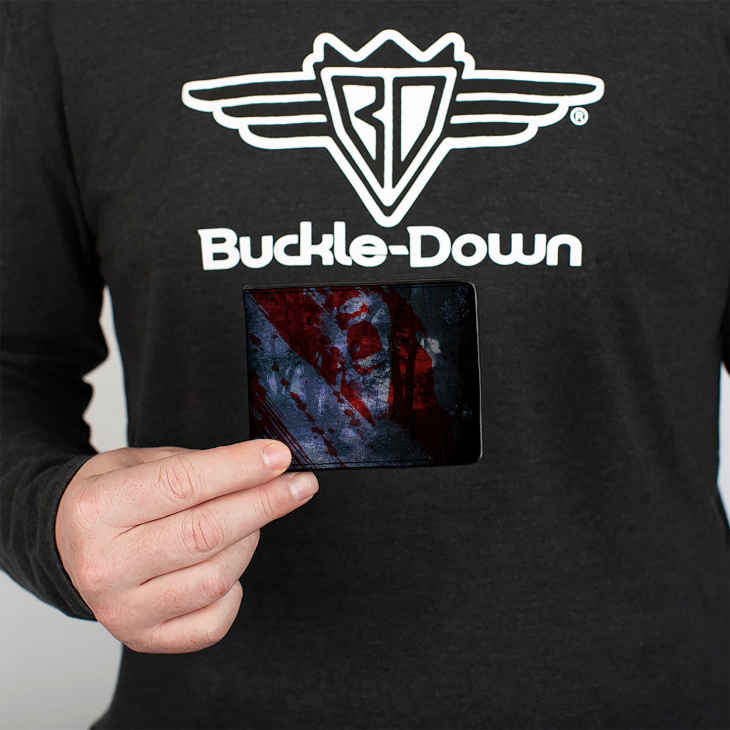 Bi-Fold Wallet - FRIDAY THE 13th Logo Jason Machete Pose Blood Splatter Grays Reds Black - MEGA POP COMICS