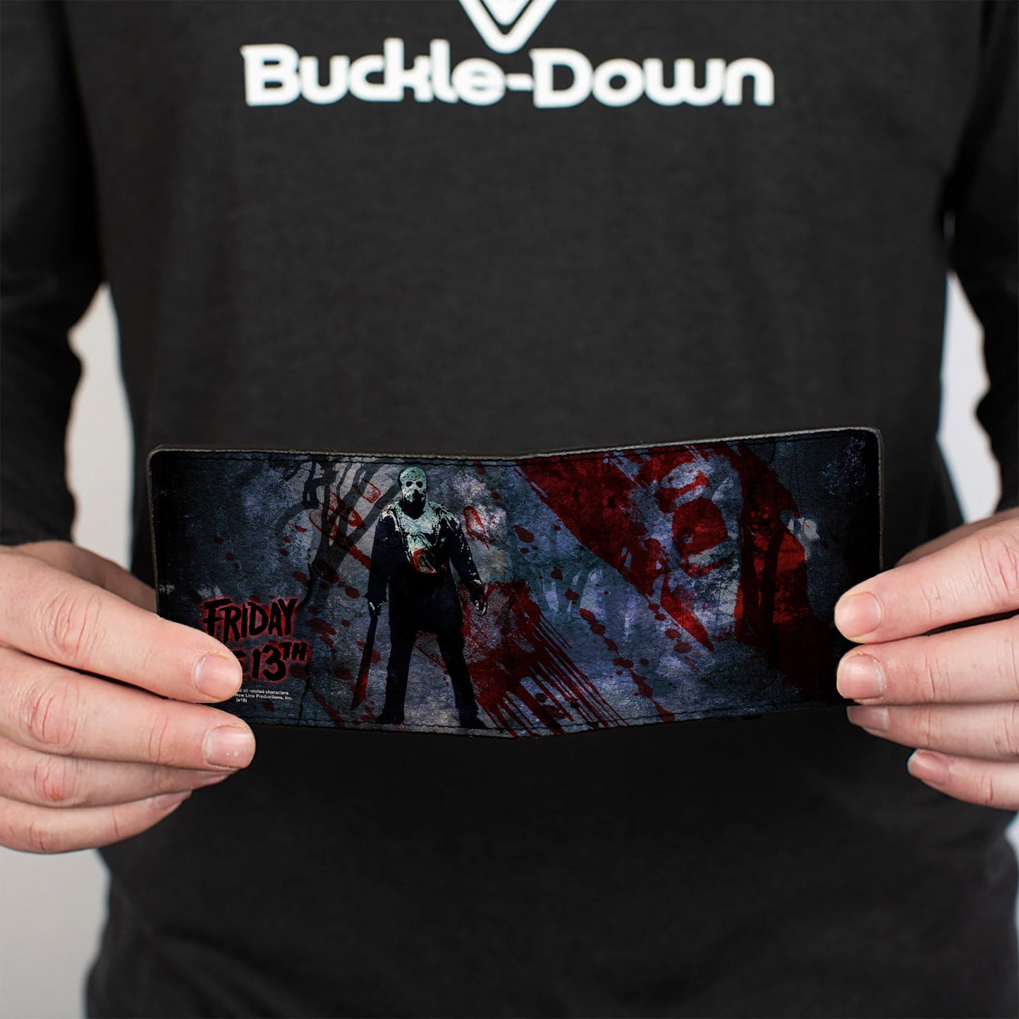 Bi-Fold Wallet - FRIDAY THE 13th Logo Jason Machete Pose Blood Splatter Grays Reds Black - MEGA POP COMICS