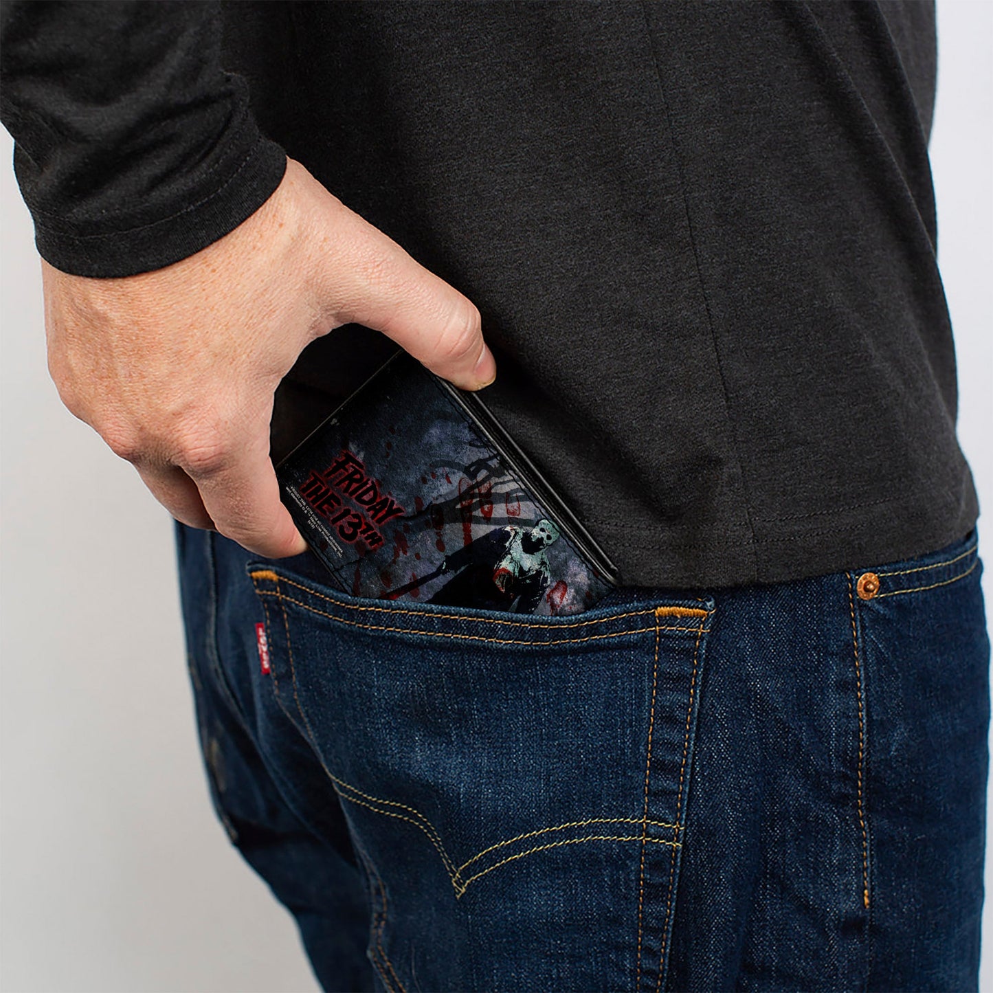 Bi-Fold Wallet - FRIDAY THE 13th Logo Jason Machete Pose Blood Splatter Grays Reds Black - MEGA POP COMICS