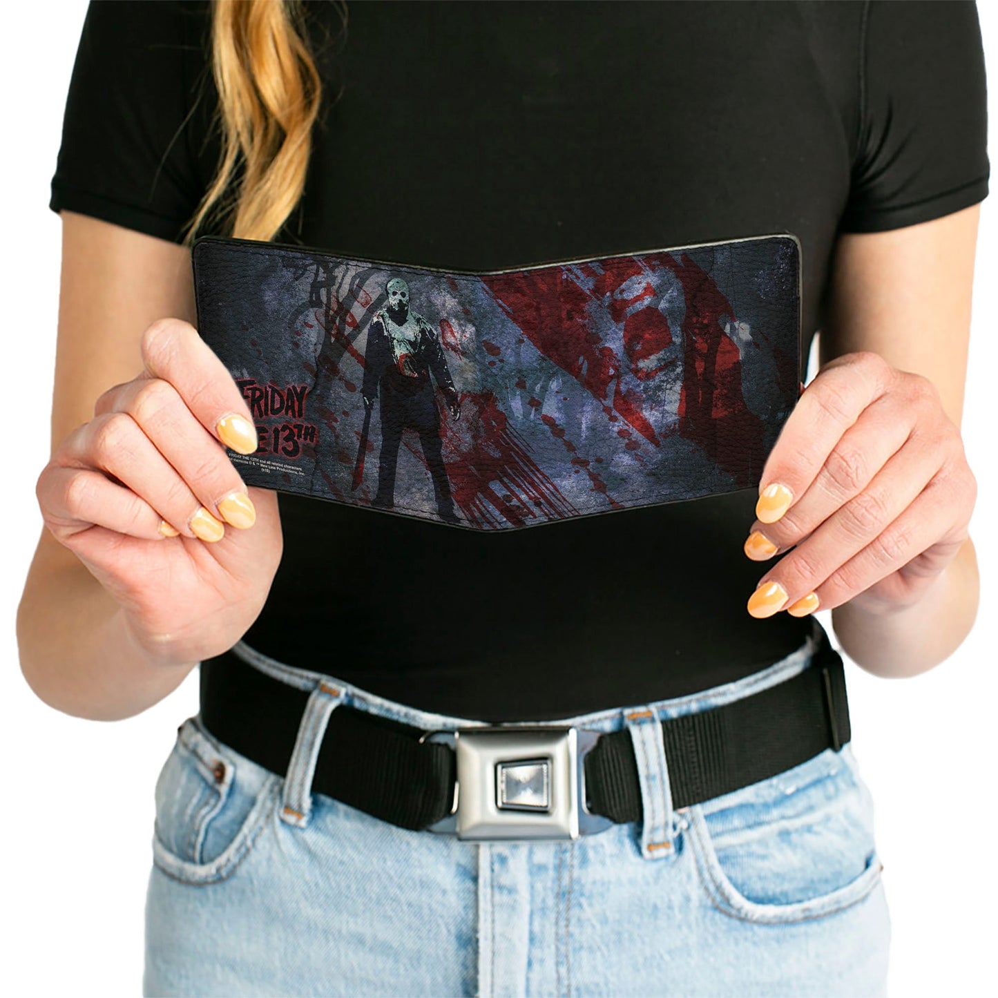 Bi-Fold Wallet - FRIDAY THE 13th Logo Jason Machete Pose Blood Splatter Grays Reds Black - MEGA POP COMICS