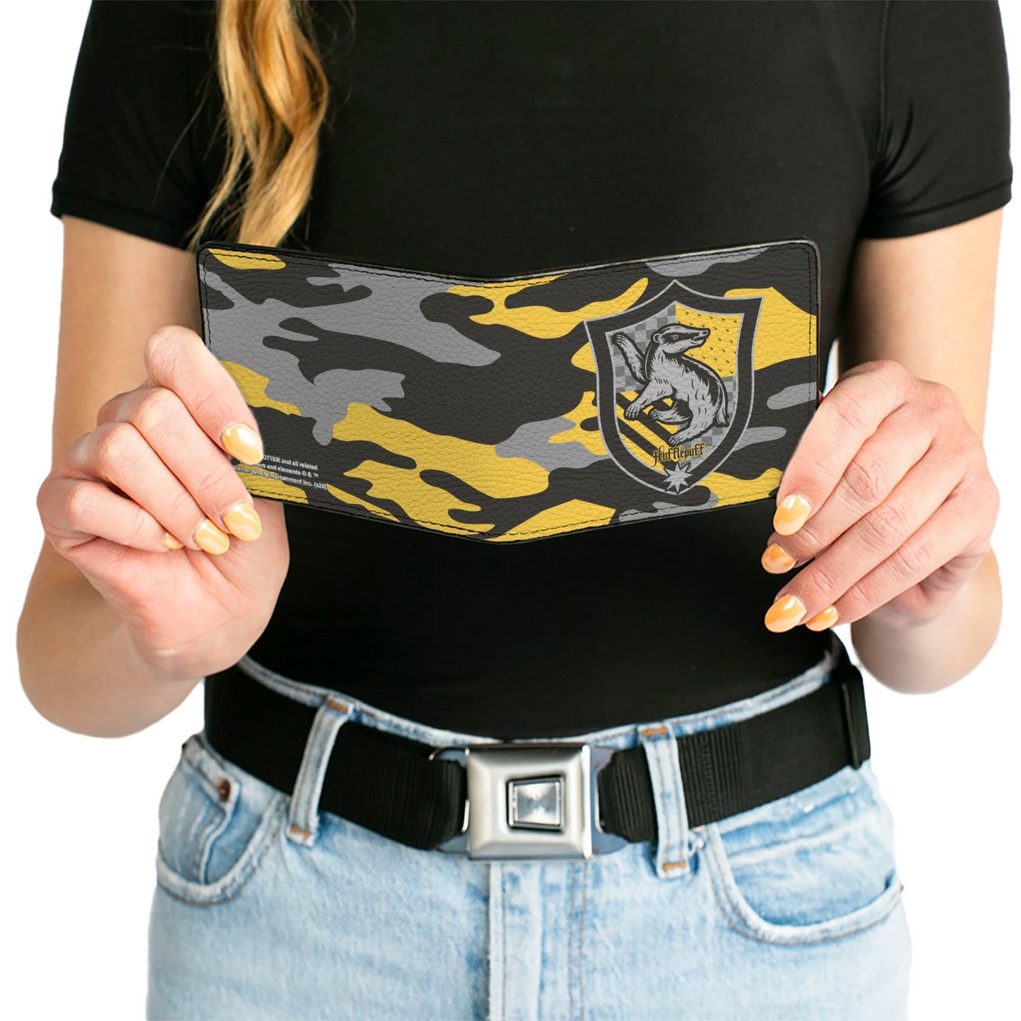 Bi-Fold Wallet - Harry Potter Hufflepuff Crest Camo Yellow Grays Black - MEGA POP COMICS
