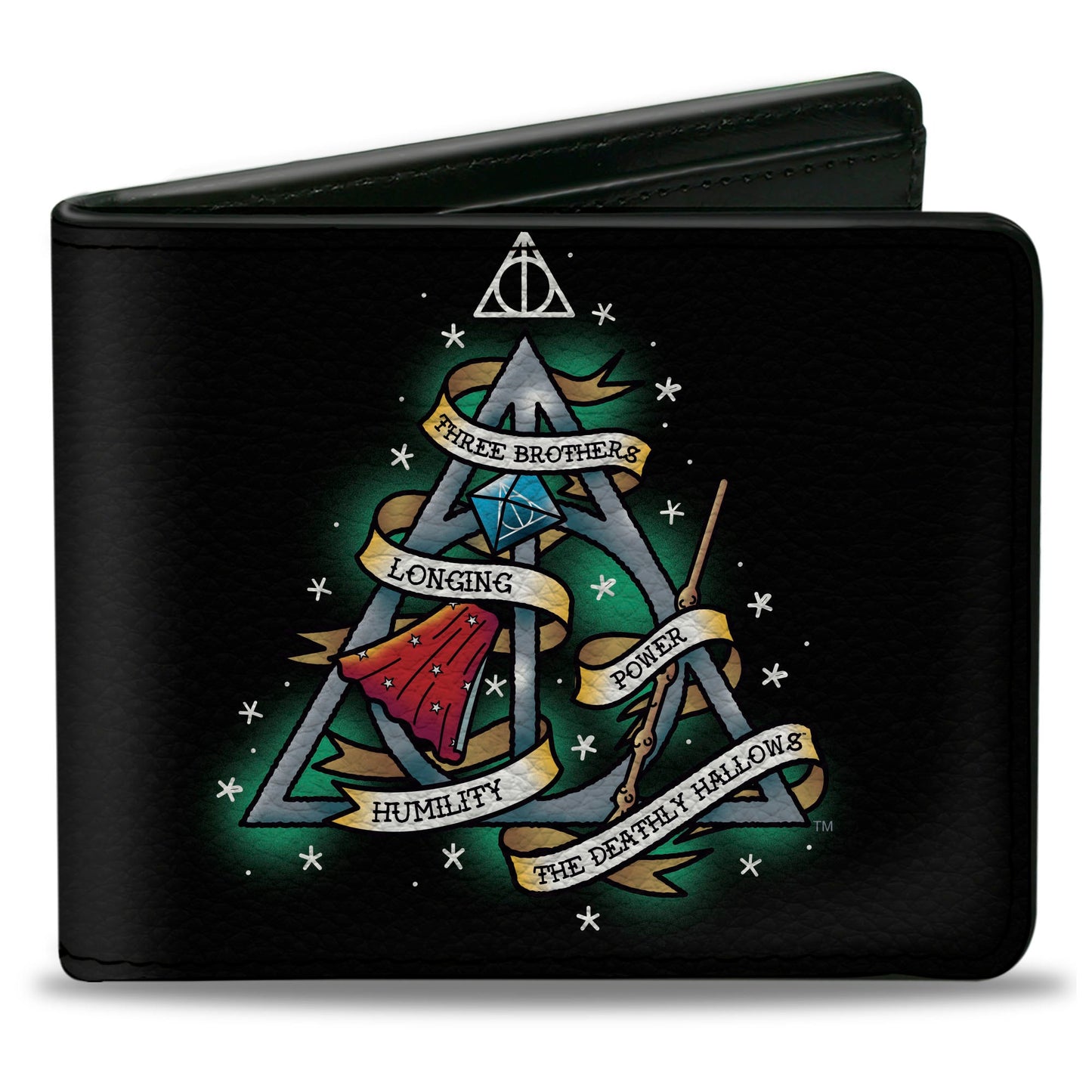 Bi-Fold Wallet - Harry Potter THE DEATHLY HALLOWS Symbol THREE BROTHERS LONGING POWER HUMILITY Tattoo Black - MEGA POP COMICS