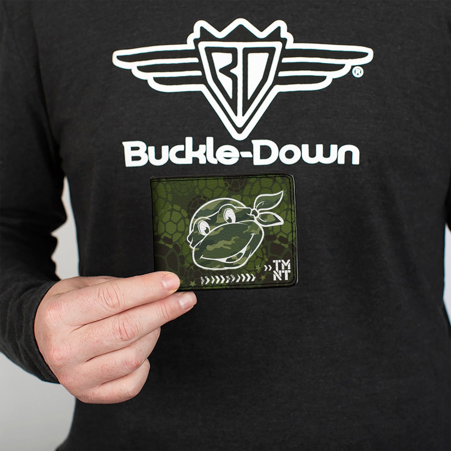 Bi-Fold Wallet - Classic Turtle Face CLOSE-UP Outline TMNT Turtle Shell Camo Olive White - MEGA POP COMICS