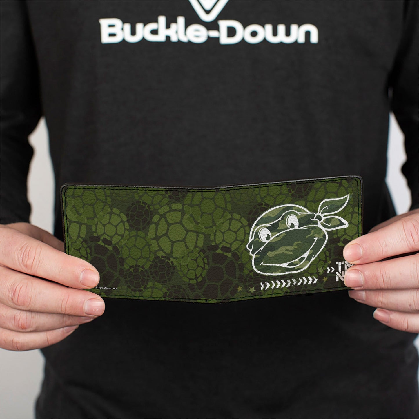 Bi-Fold Wallet - Classic Turtle Face CLOSE-UP Outline TMNT Turtle Shell Camo Olive White - MEGA POP COMICS