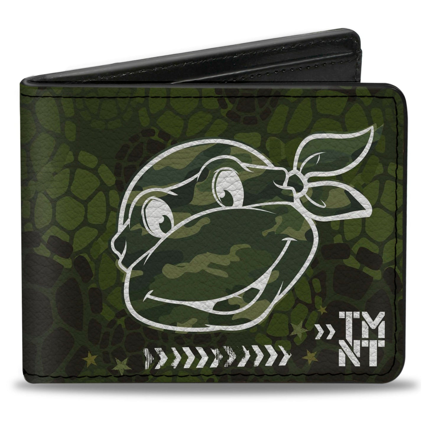 Bi-Fold Wallet - Classic Turtle Face CLOSE-UP Outline TMNT Turtle Shell Camo Olive White - MEGA POP COMICS