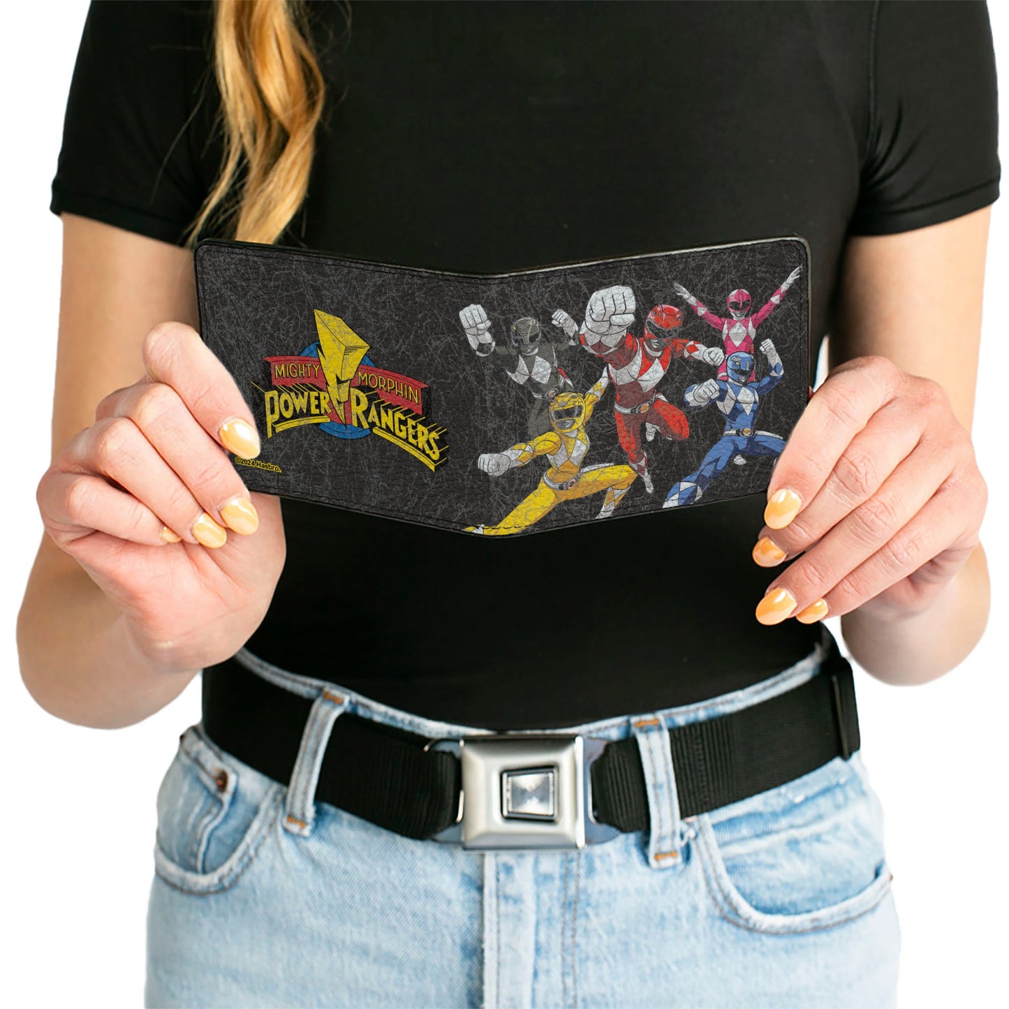 Bi-Fold Wallet - MMPR Power Rangers Group Action Pose Weathered and Title Logo Black - MEGA POP COMICS