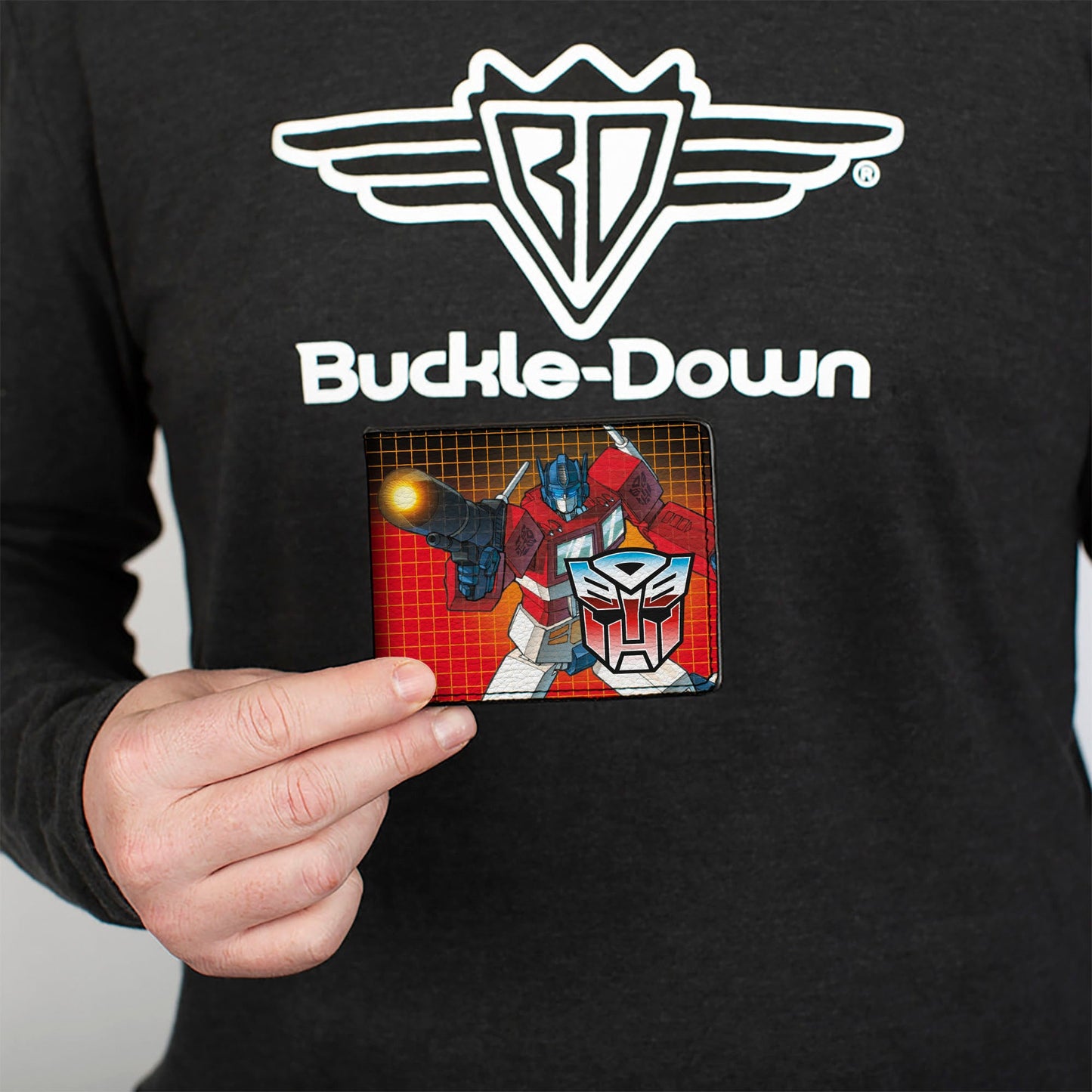 Bi-Fold Wallet - Transformers Optimus Prime Blaster Pose and Autobot Shield Grid Fade Reds - MEGA POP COMICS