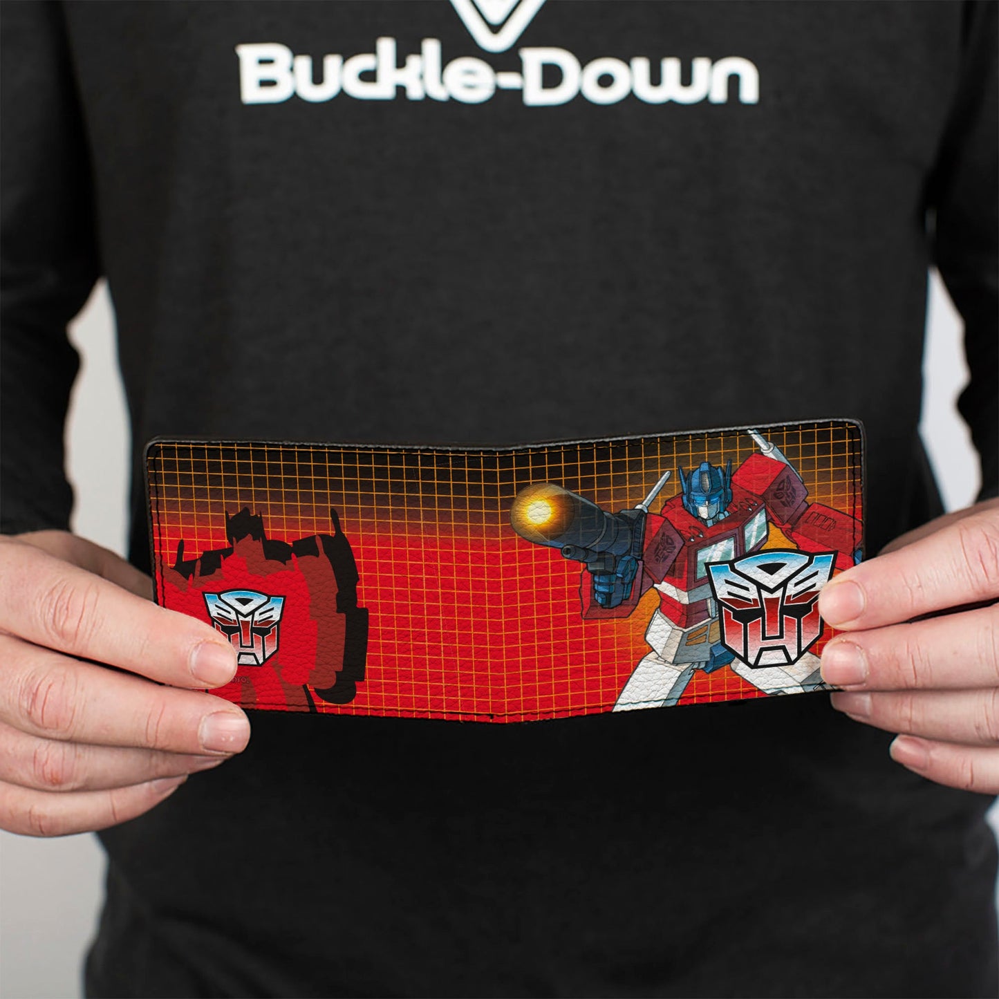 Bi-Fold Wallet - Transformers Optimus Prime Blaster Pose and Autobot Shield Grid Fade Reds - MEGA POP COMICS