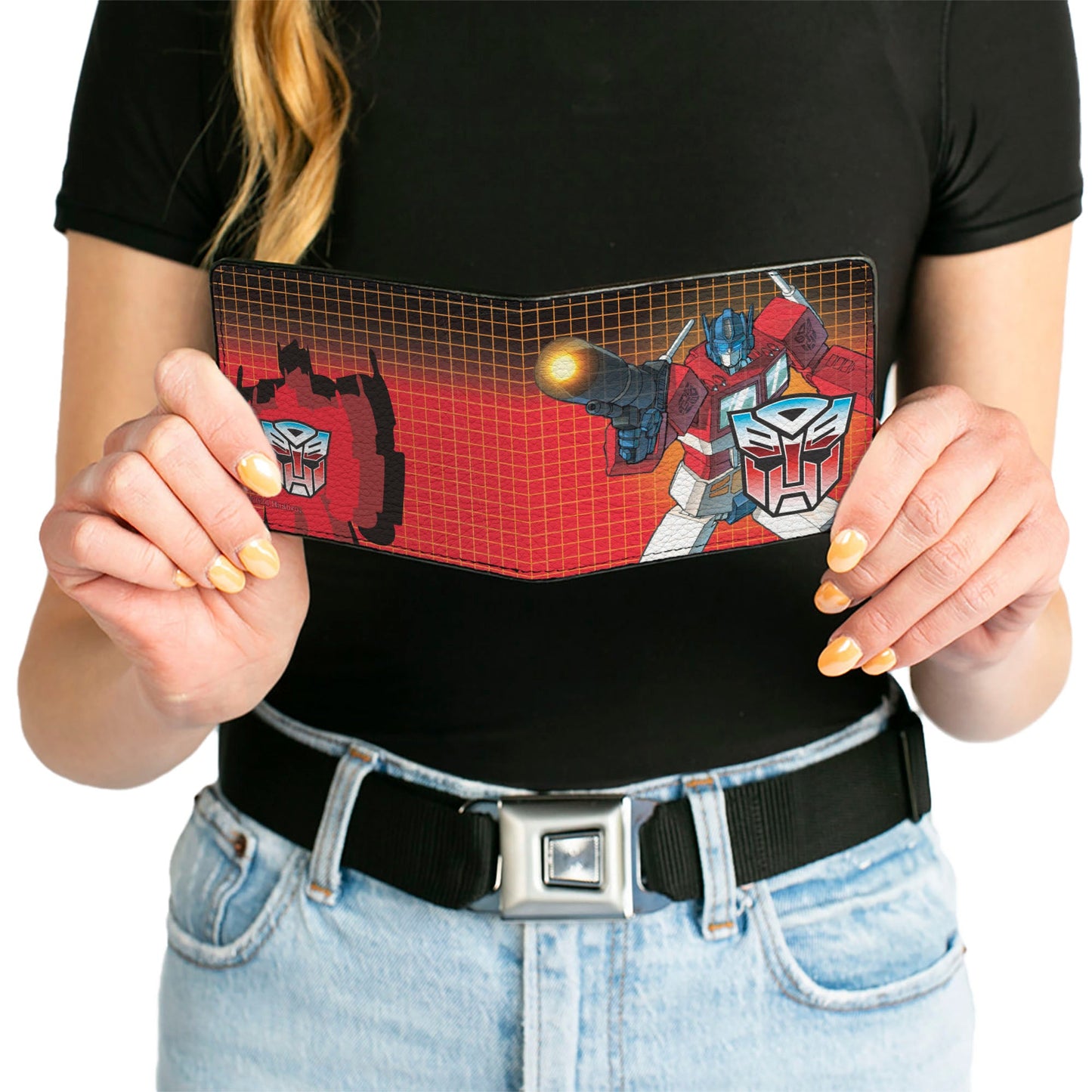 Bi-Fold Wallet - Transformers Optimus Prime Blaster Pose and Autobot Shield Grid Fade Reds - MEGA POP COMICS