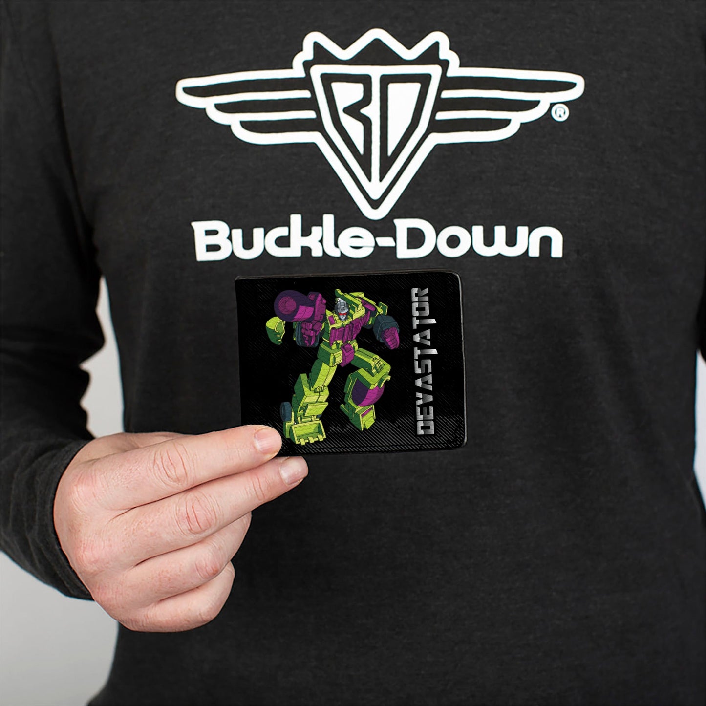 Bi-Fold Wallet - Transformers DEVASTATOR Action Pose and Decepticon Shield Black/Silver Fade - MEGA POP COMICS