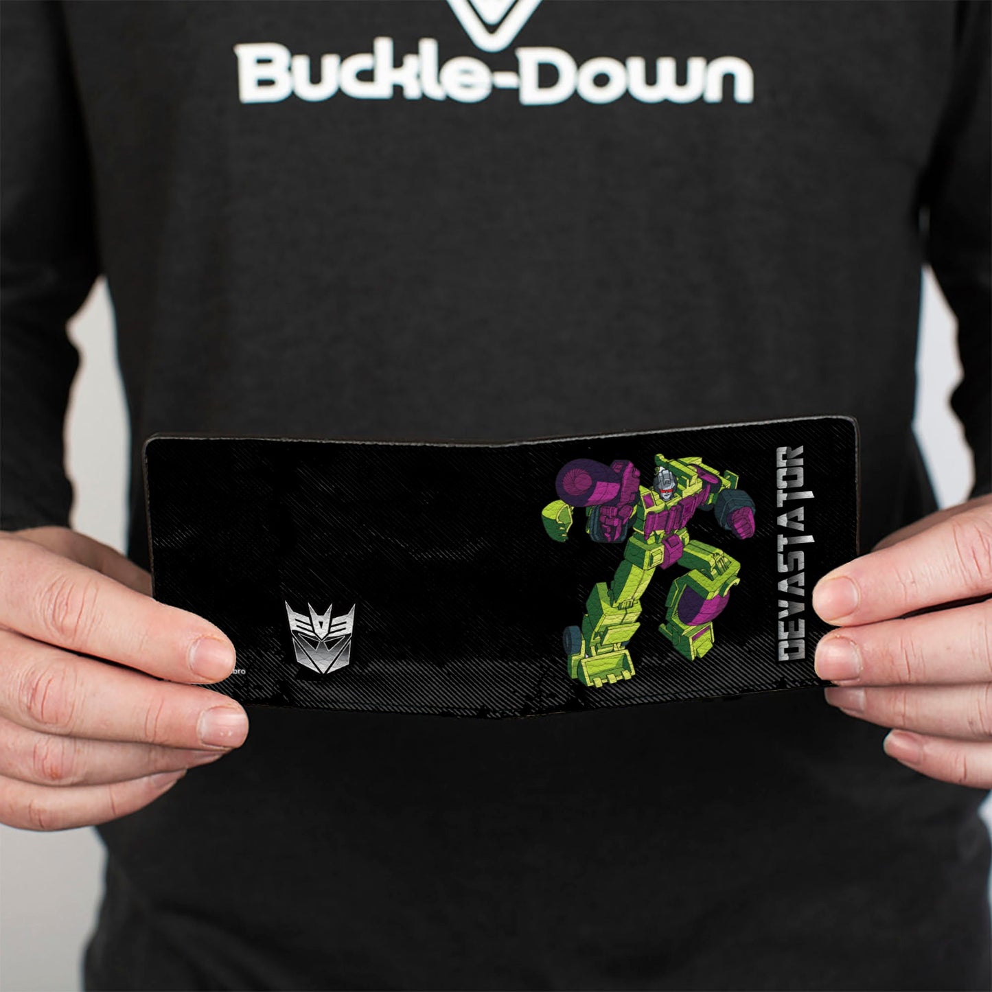 Bi-Fold Wallet - Transformers DEVASTATOR Action Pose and Decepticon Shield Black/Silver Fade - MEGA POP COMICS