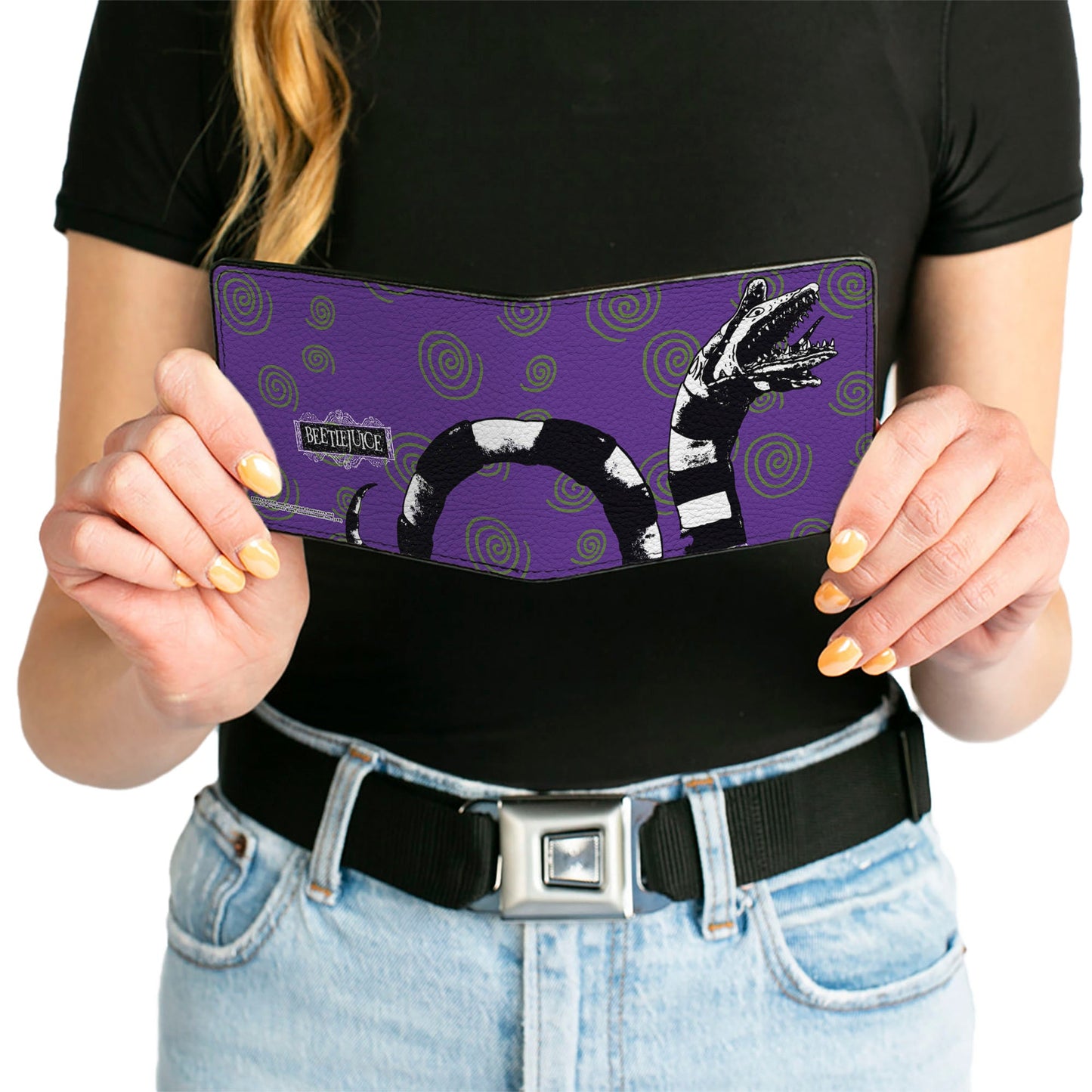 Bi-Fold Wallet - Beetlejuice Sandworm Swirls + Logo Purple Green Black White - MEGA POP COMICS