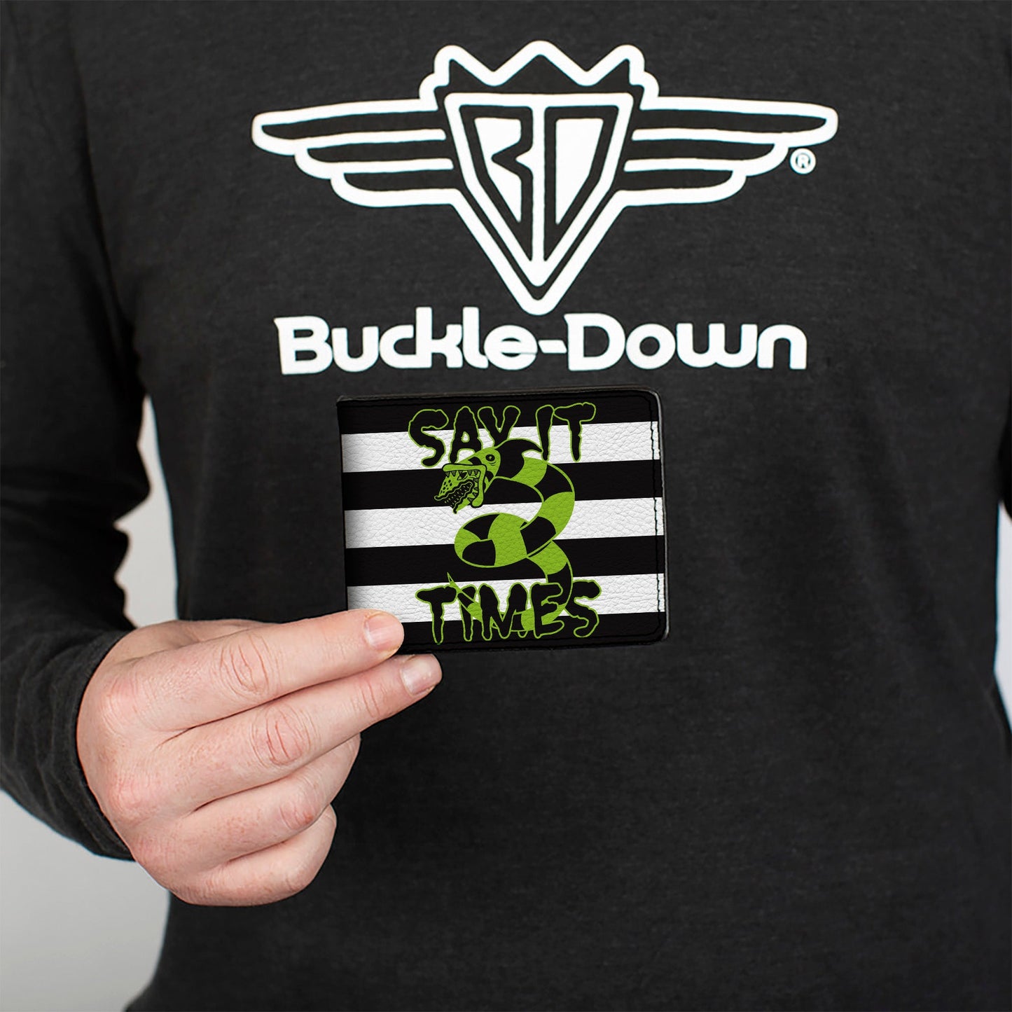 Bi-Fold Wallet - Beetlejuice SAY IT TEN TIMES Sandworm Pose Stripe Black/White/Green - MEGA POP COMICS